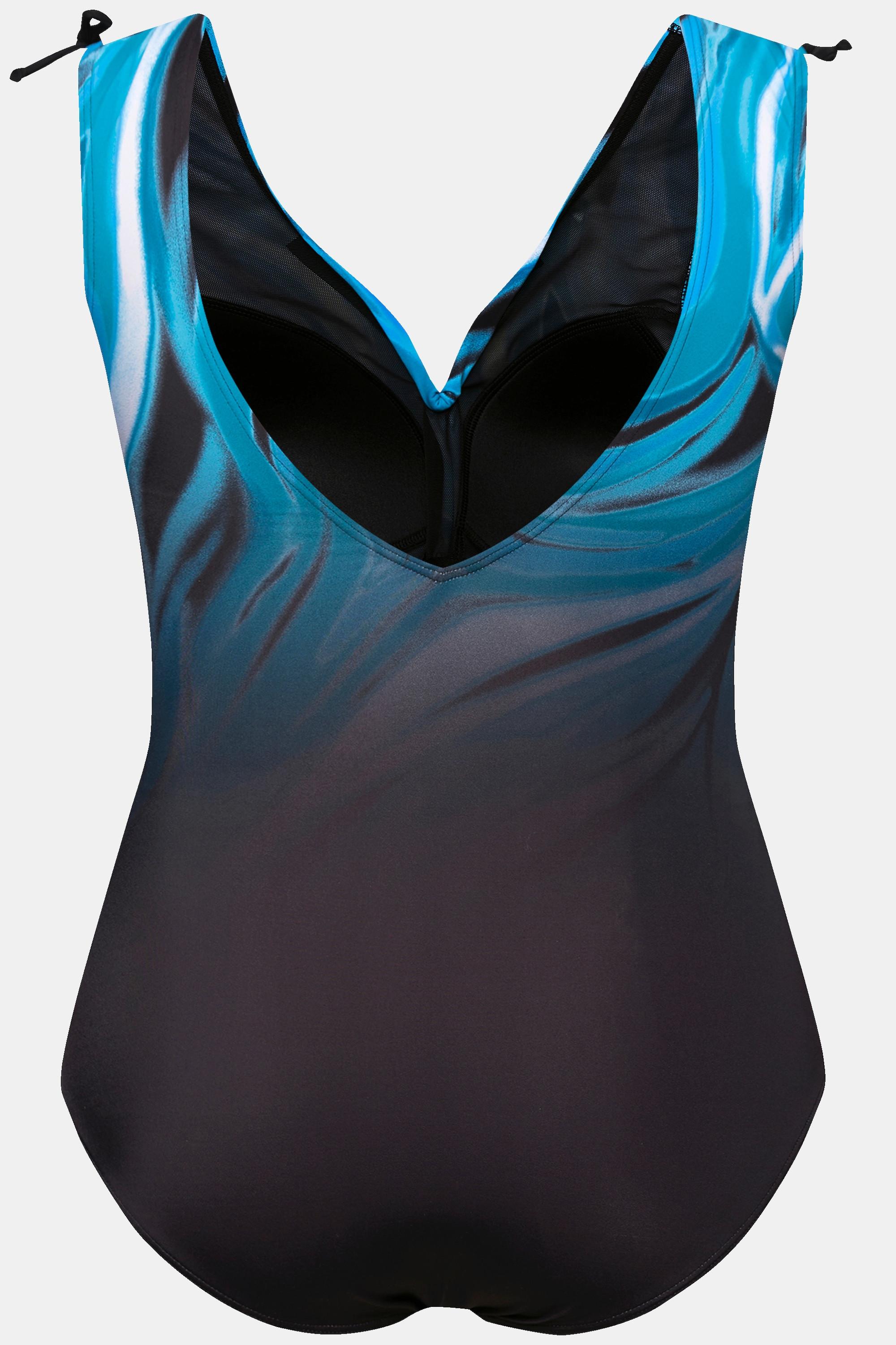 Ulla Popken Badeanzug, Tiefseemuster, Softcups, Raffband, recycelt