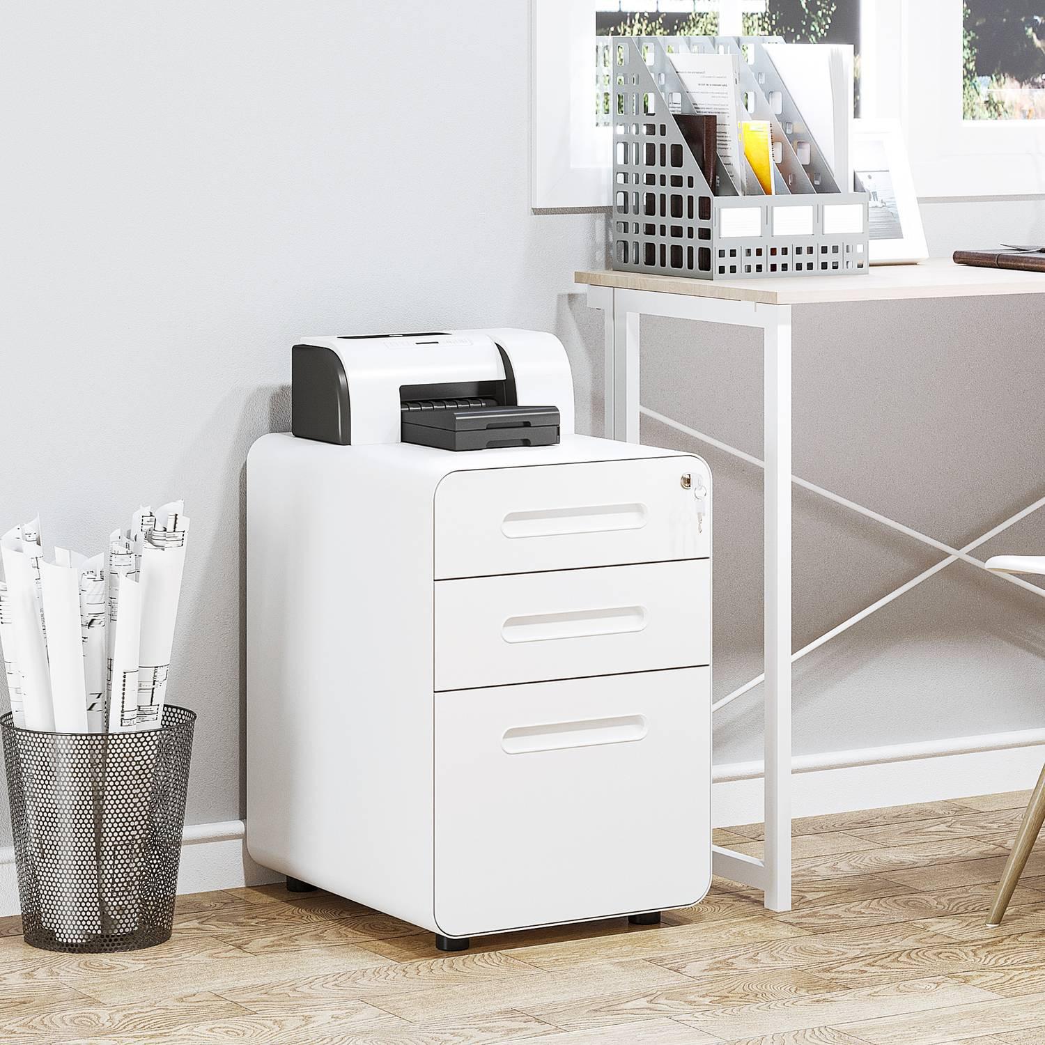 Northio Rollcontainer Aktenschrank Bürocontainer mit 3 Schubladen, Stahl, Weiß, 39x48x59cm