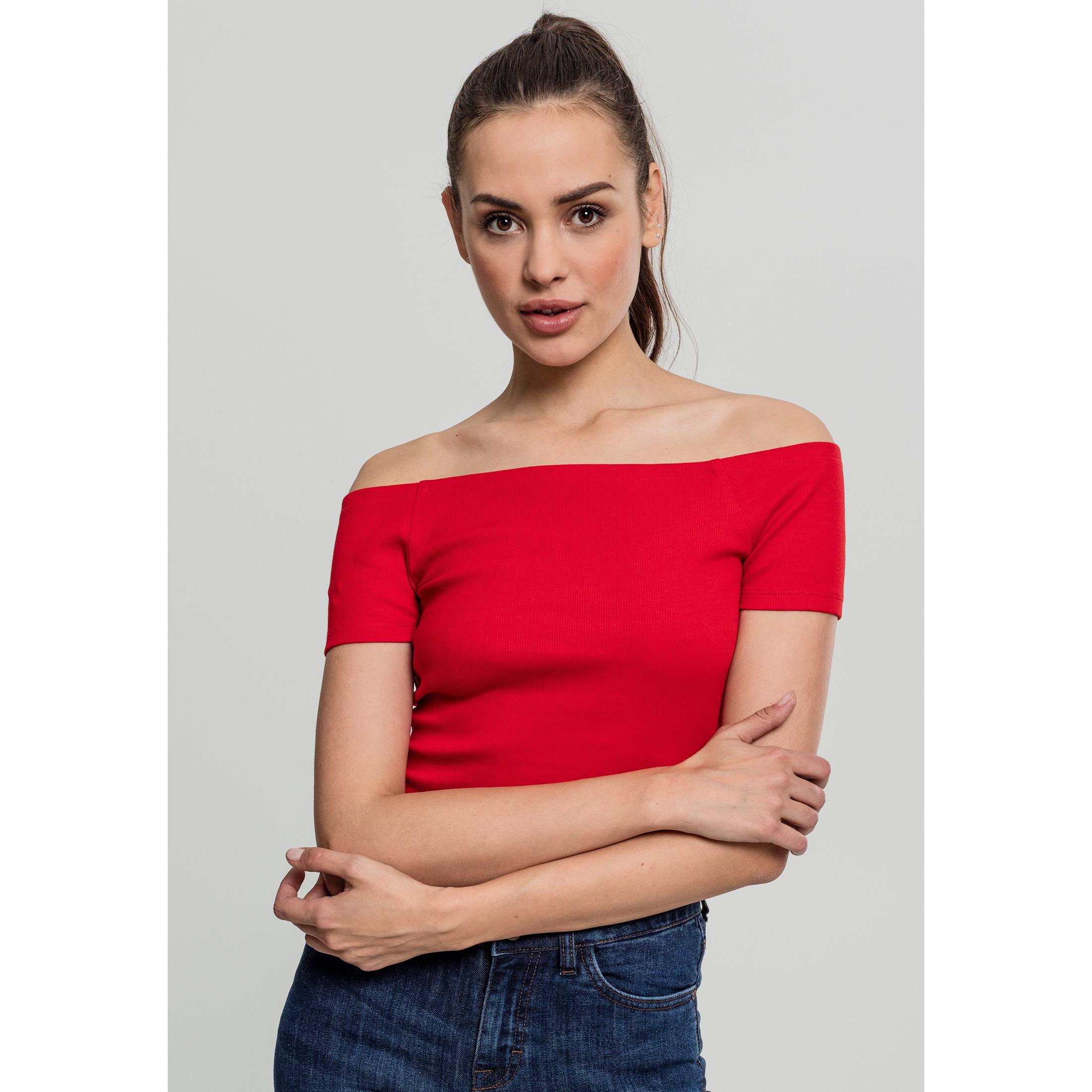 URBAN CLASSICS Geripptes Off Shoulder Crop T-Shirt
