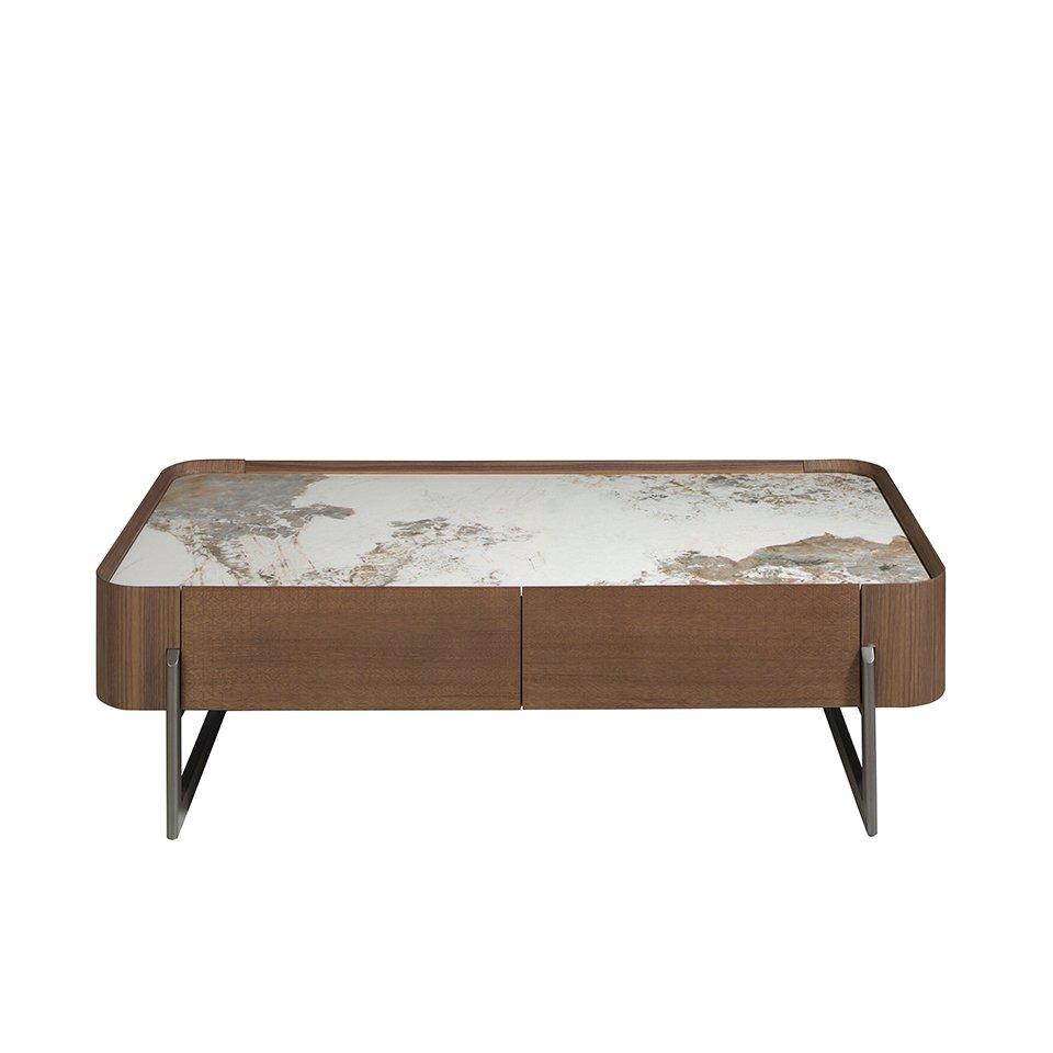 ANGEL CERDA Rechteckiger Couchtisch aus Porzellanmarmor, Nussbaum und dunklem Metallic-Stahl