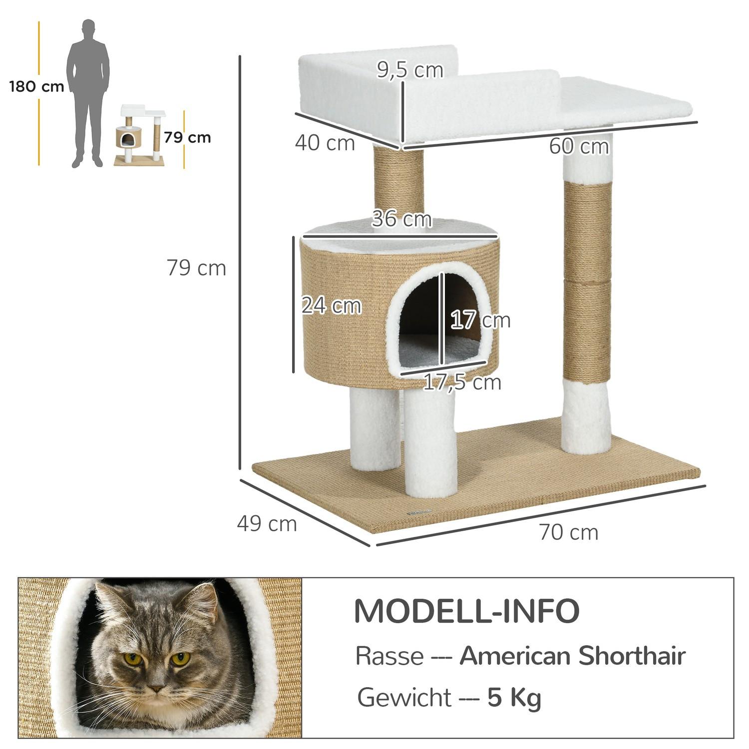 Northio Kratzbaum 79Cm Kleiner Katzenbaum Mit Katzenhöhle & Liegefläche, Für Katzen Bis 8Kg, Jute, Braun/Weiß