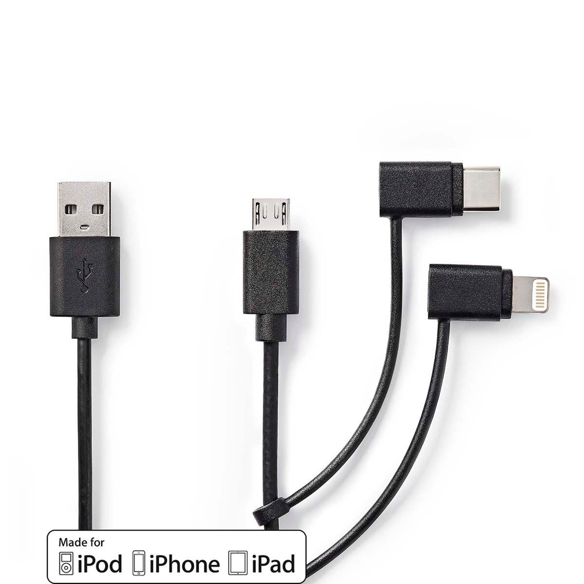 Nedis 3 in 1 Kabel | USB 2.0 | USB-A Stecker | Apple Lightning, 8-polig / USB Micro-B Stecker / USB-C™ Stecker | 480 Mbps | 1,00 m | Vernickelt | Rund | PVC | Schwarz | Etikett