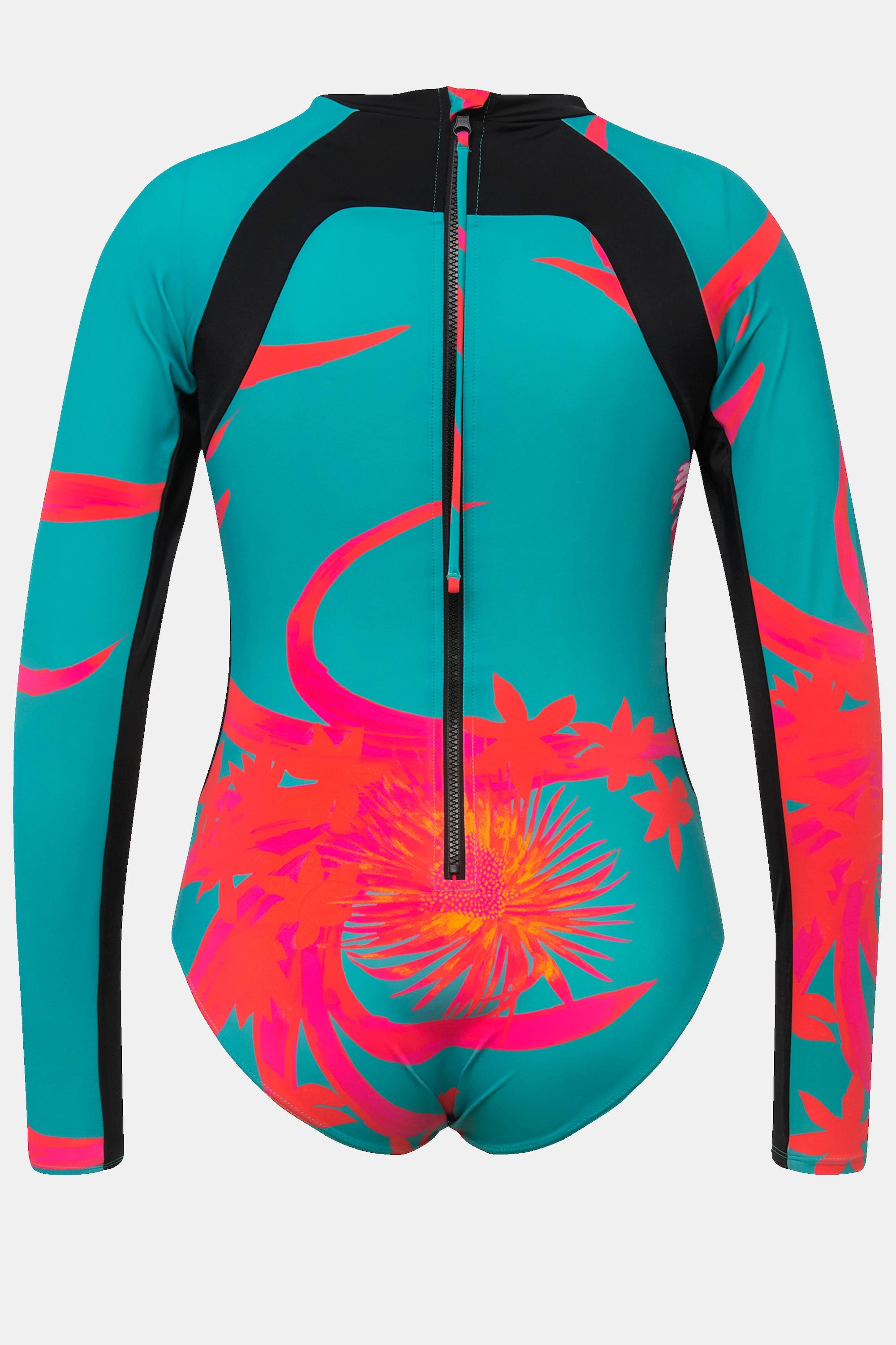 Ulla Popken Badeanzug, LSF 50+, Langarm, Stehkragen, ohne Softcups