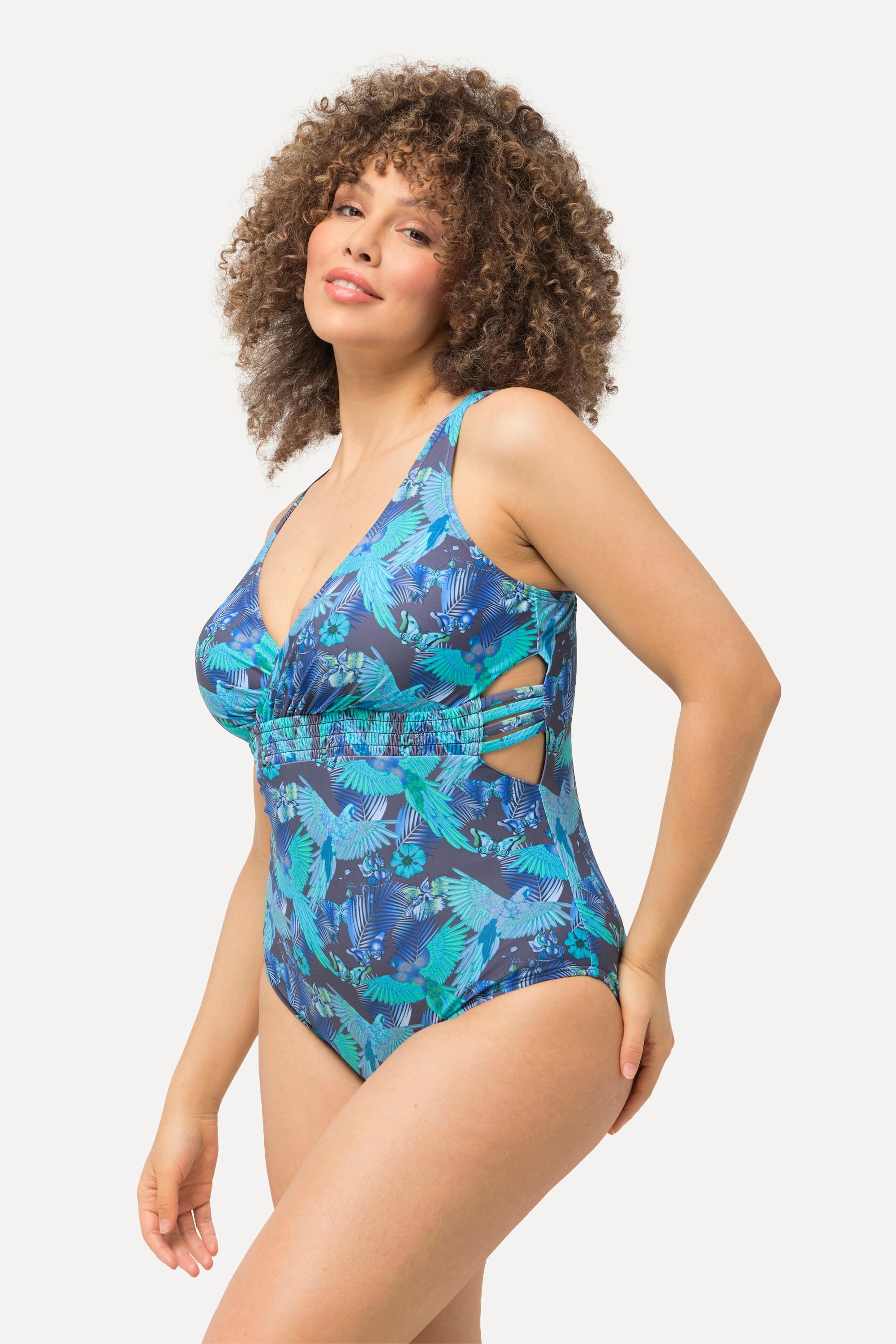 Ulla Popken Badeanzug, Papageien, Softcups, recycelt