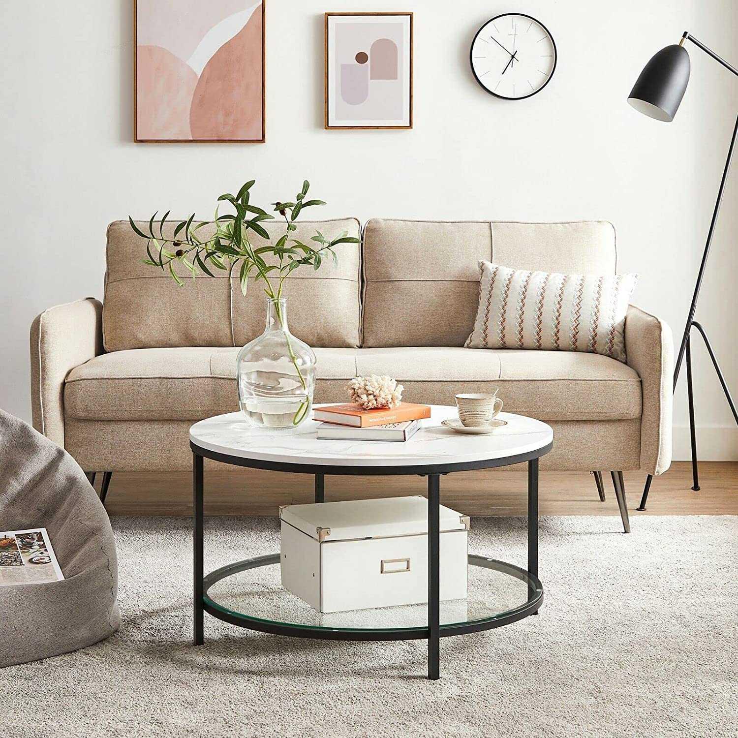 Pricenet Moderner Marmor-Couchtisch mit Glasablage und Stahlbeinen
