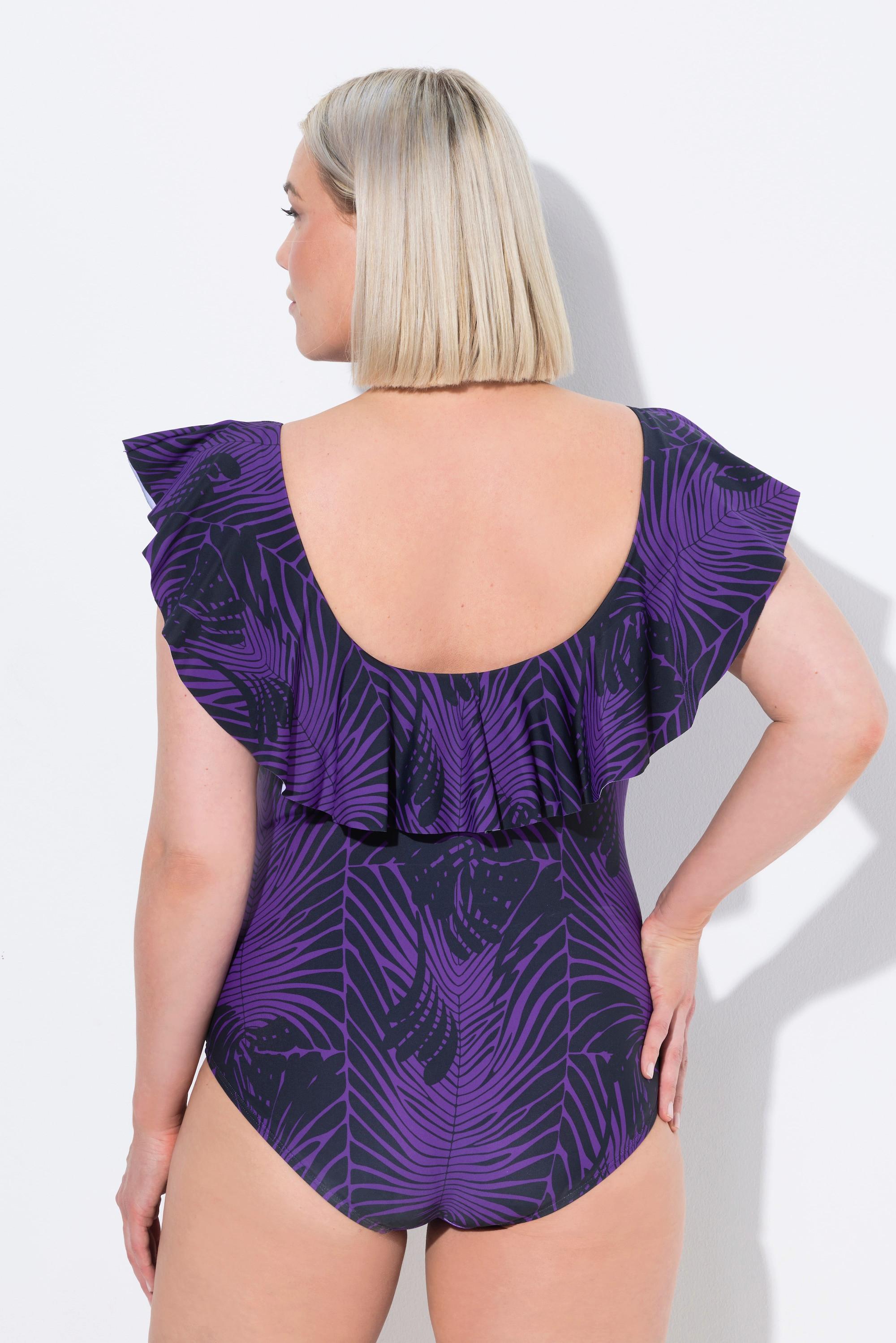 Ulla Popken Badeanzug, Schlangenmuster, Softcups, Volant, recycelt