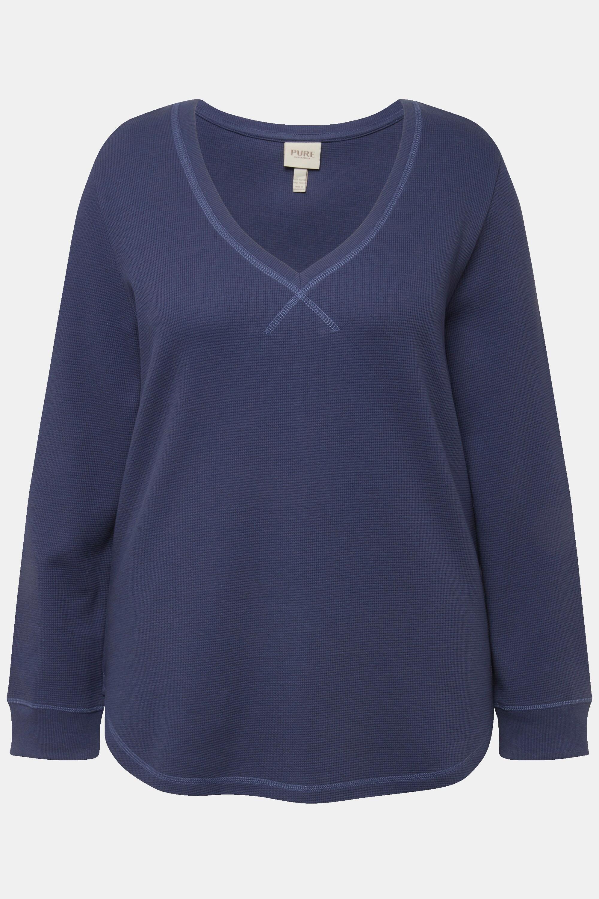 Ulla Popken Sweatshirt, Waffelstruktur, V-Ausschnitt, Biobaumwolle