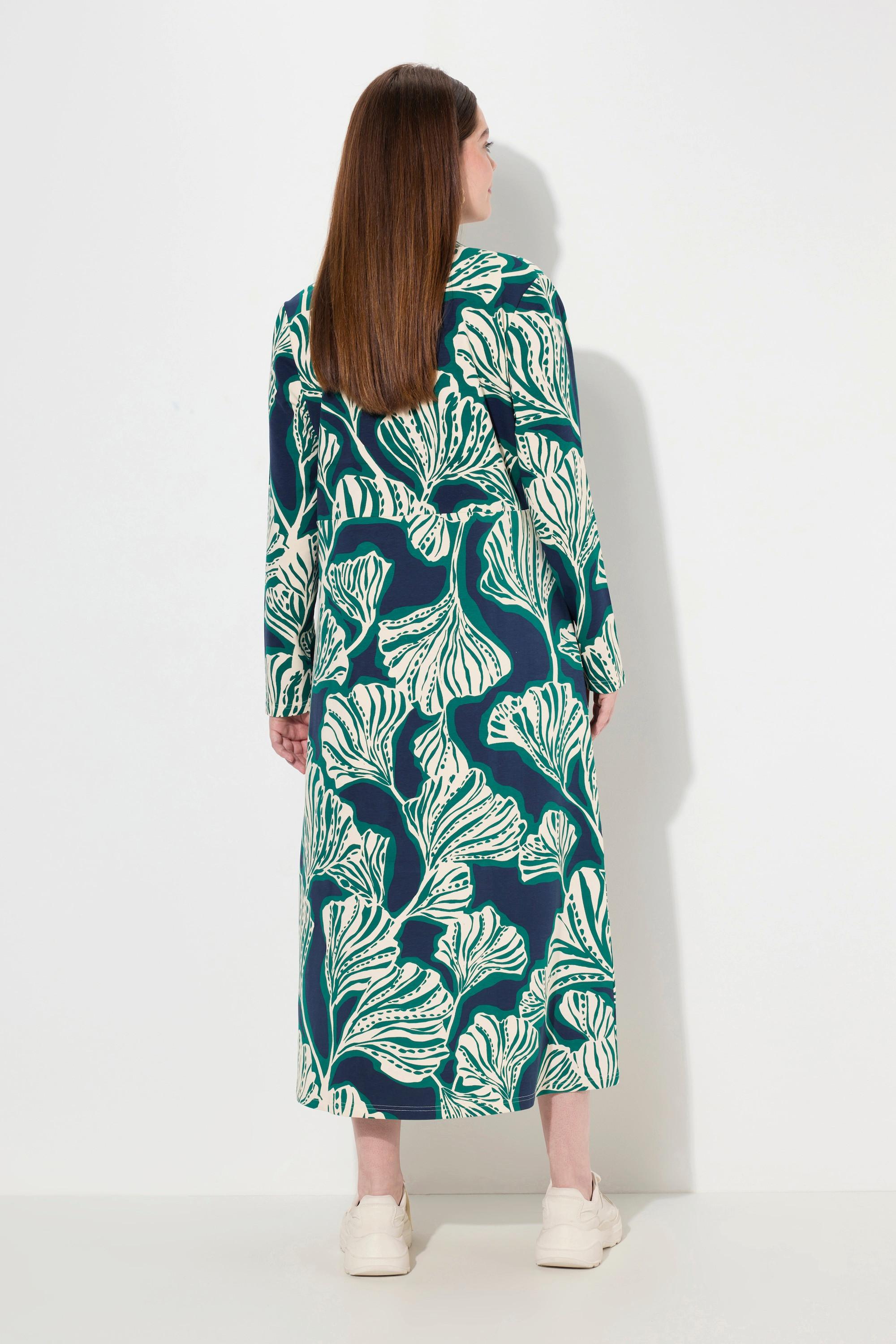 Ulla Popken Maxi Sweatkleid Blätter Wasserfall-Ausschnitt Langarm