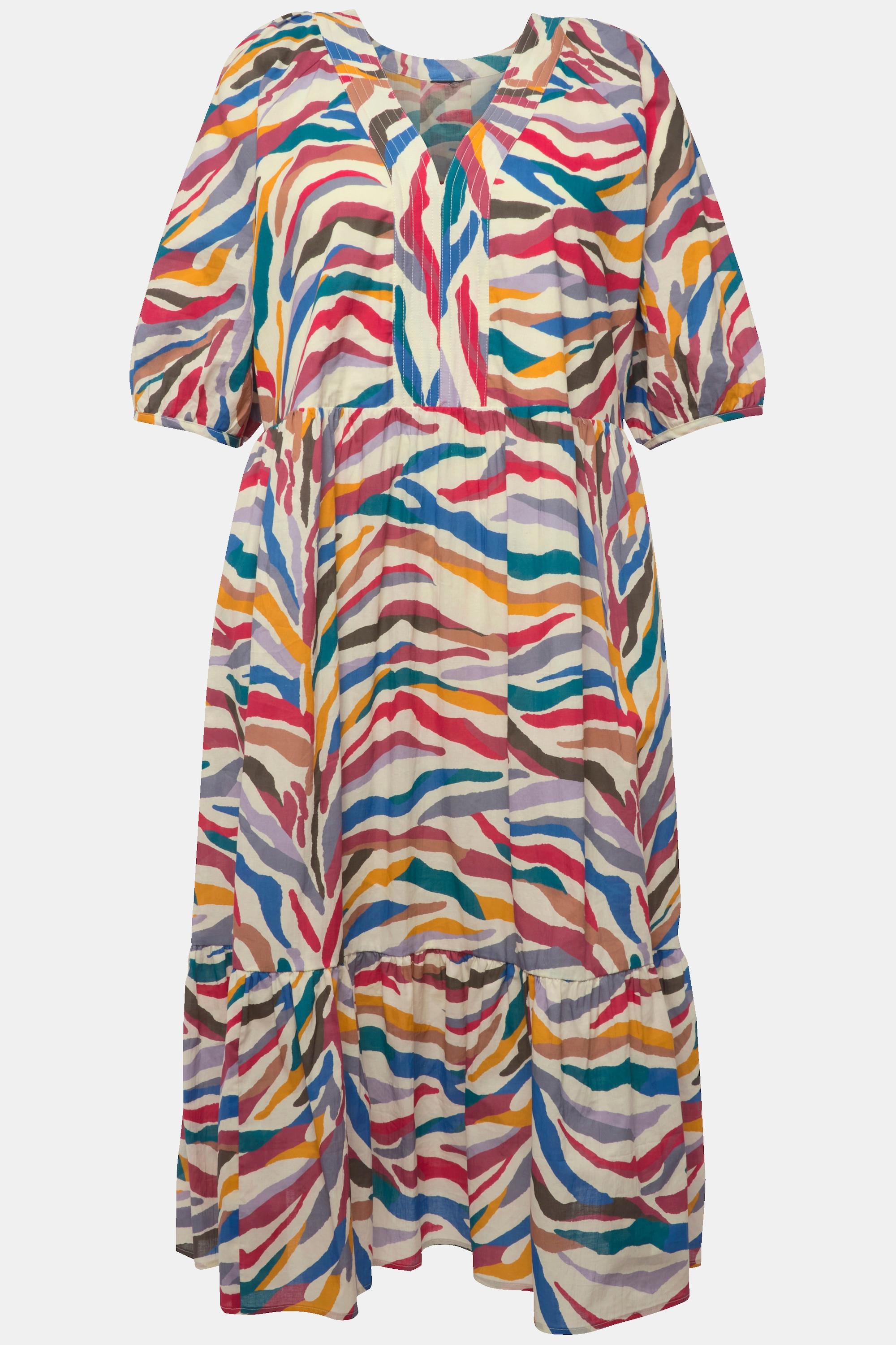 Ulla Popken Midikleid A-Linie V-Ausschnitt geraffter Halbarm