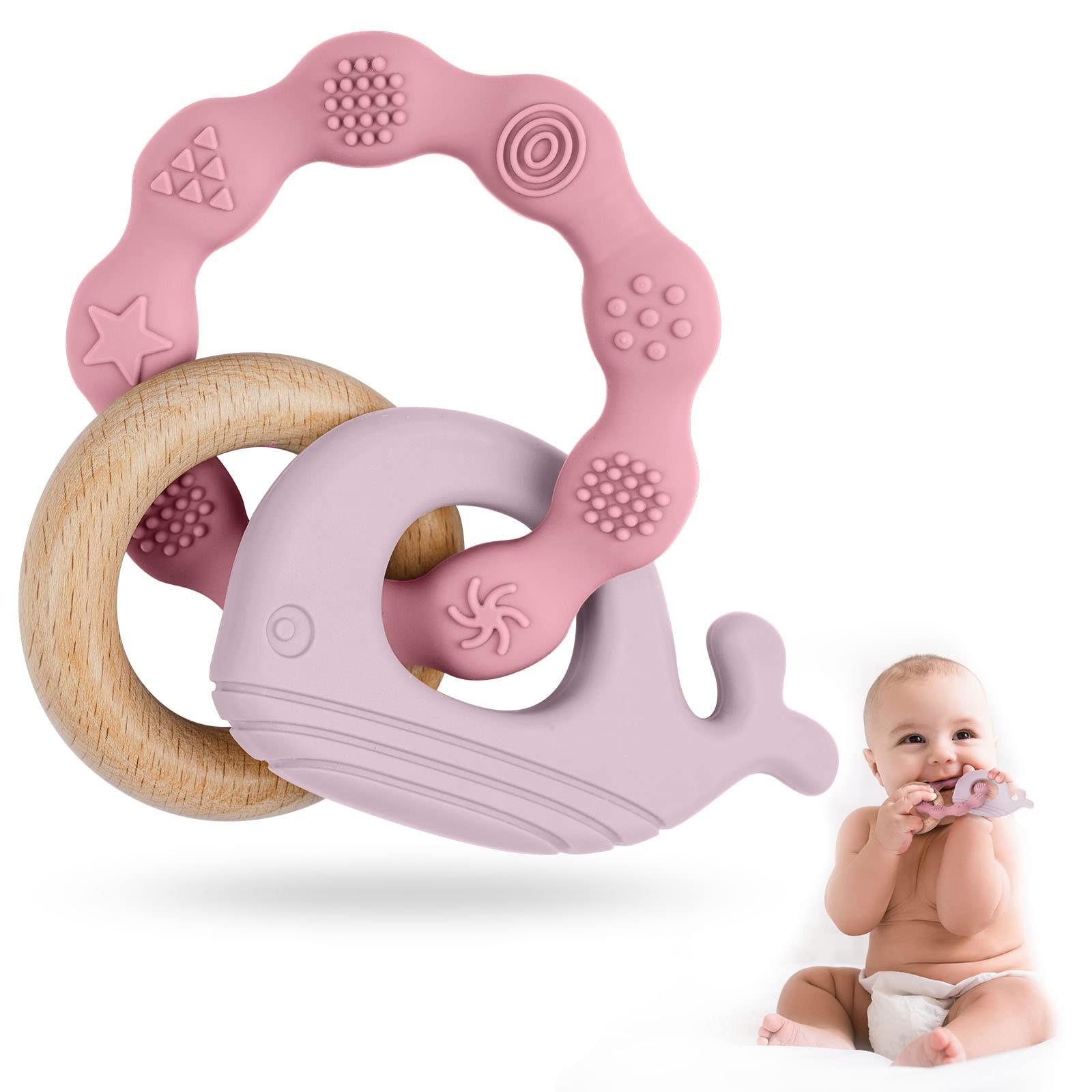 Activity-board Beißring für Babys, Beißring-Spielzeug aus Silikon und Holzringen, Baby-Beißhilfe BPA-frei, schmerzlinderndes Beißzubehör