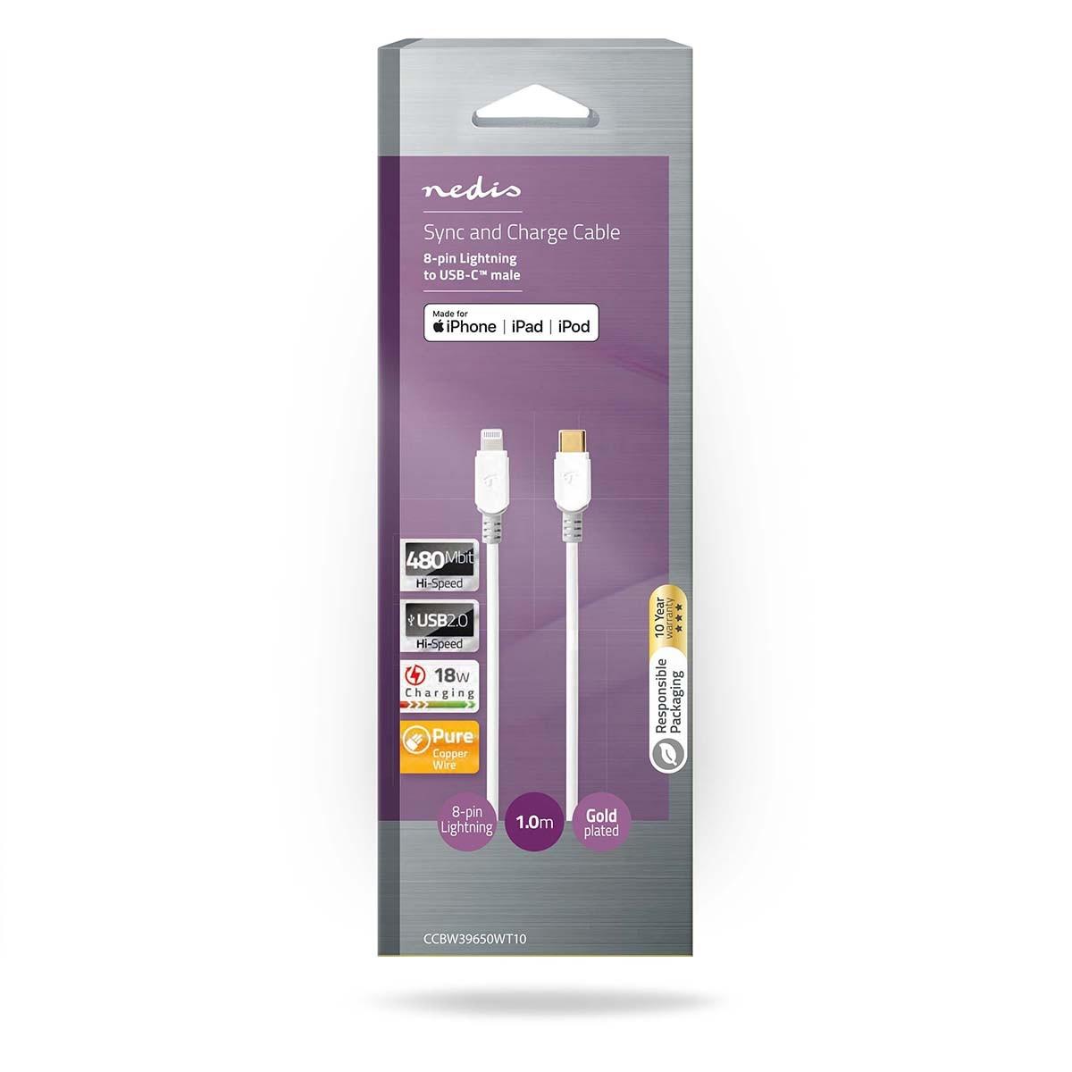 Nedis Lightning Kabel | USB 2.0 | Apple Lightning, 8-polig | USB-C™ Stecker | 480 Mbps | Vergoldet | 1,00 m | Rund | PVC | Weiß | Box