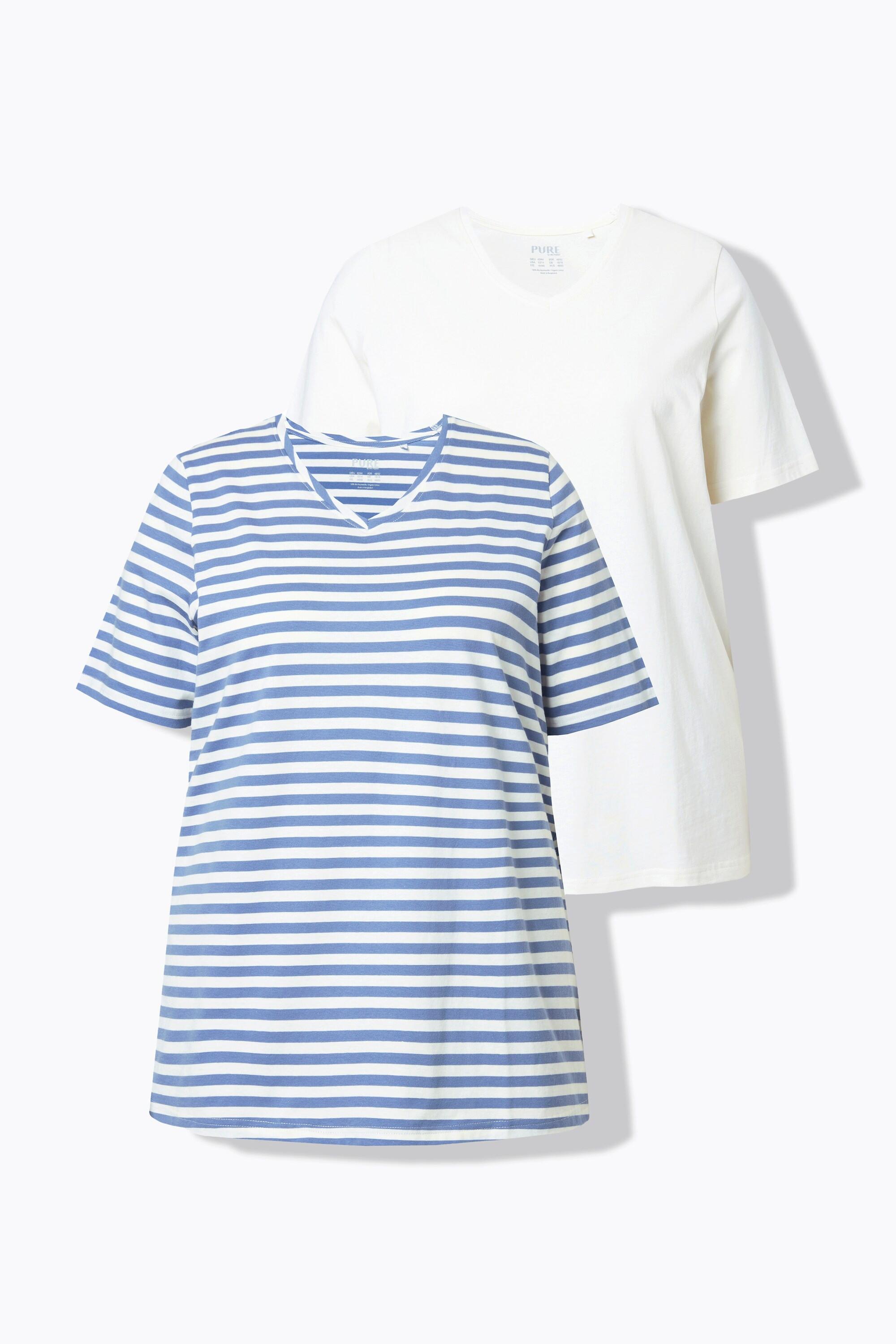 Ulla Popken T-Shirts 2er-Pack Ringel Uni V-Ausschnitt Halbarm