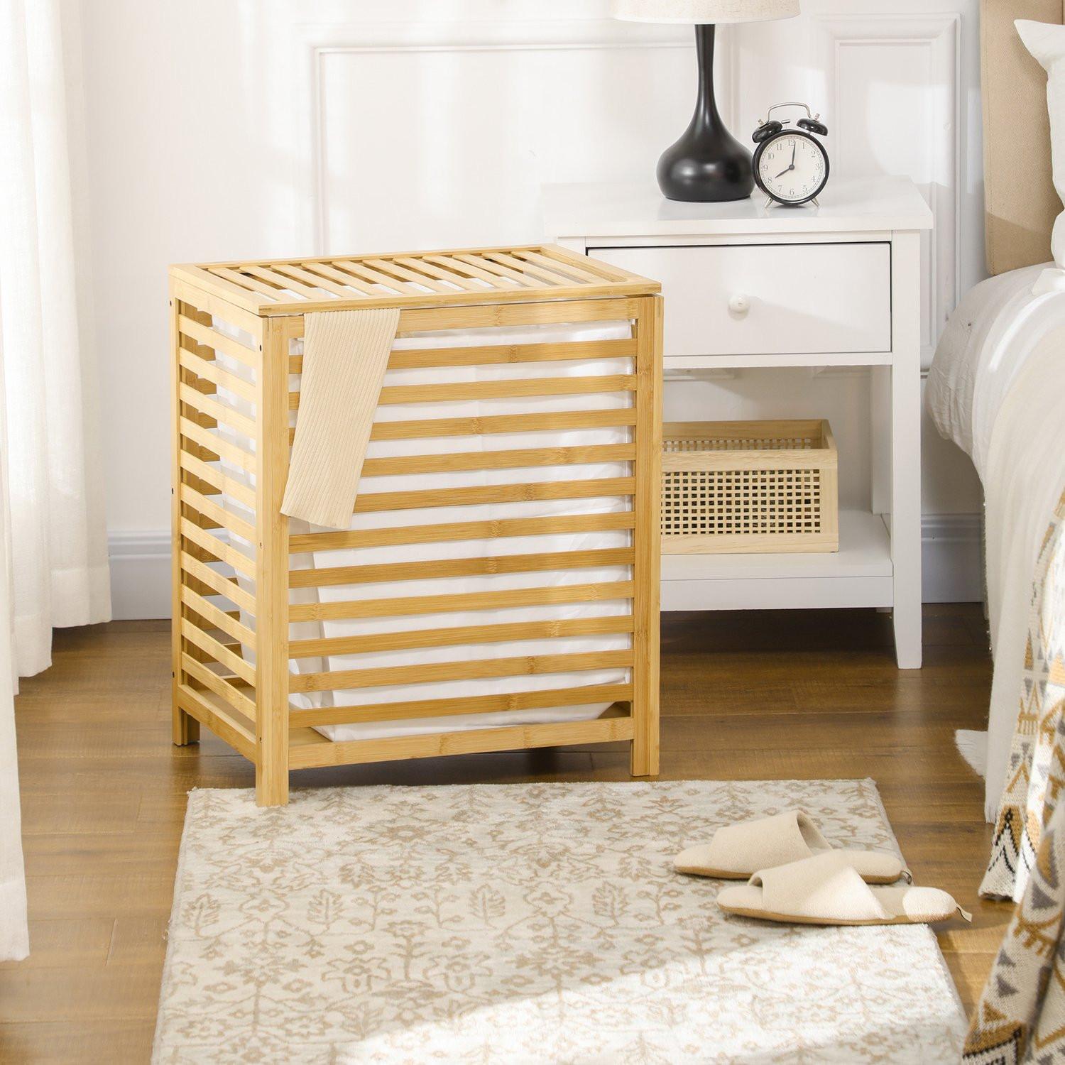 Northio Wäschekorb 55L Bambus Wäschetruhe Mit Deckel & Entnehmbarem Wäschesack Für Schlafzimmer, Bad, Natur, 50X36X60Cm