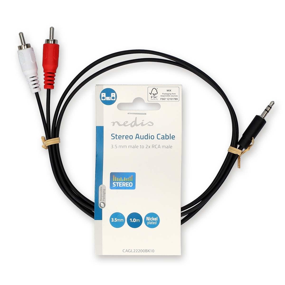 Nedis Stereo-Audiokabel | 3,5 mm Hane | 2x RCA Hane | Nickelplaterad | 1,00 m | Rund | Svart | Etikett