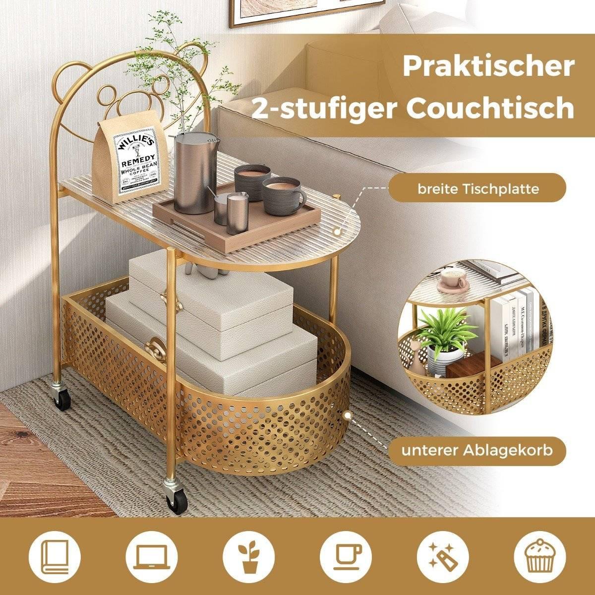 Northio Beistelltisch Glas mit Rollen 2-stufiger Glastisch mit Bärenmuster Golden