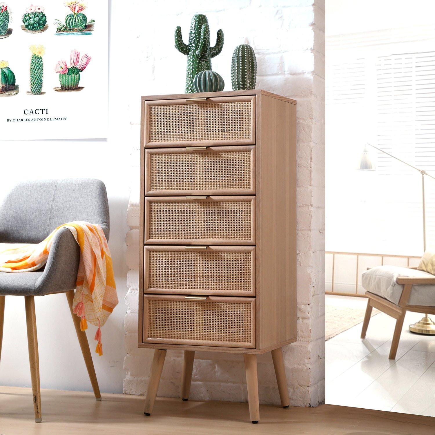 Calicosy Kommode mit 5 Schubladen und Fronten aus natürlichem Rattan - H100,5 cm - MIYA