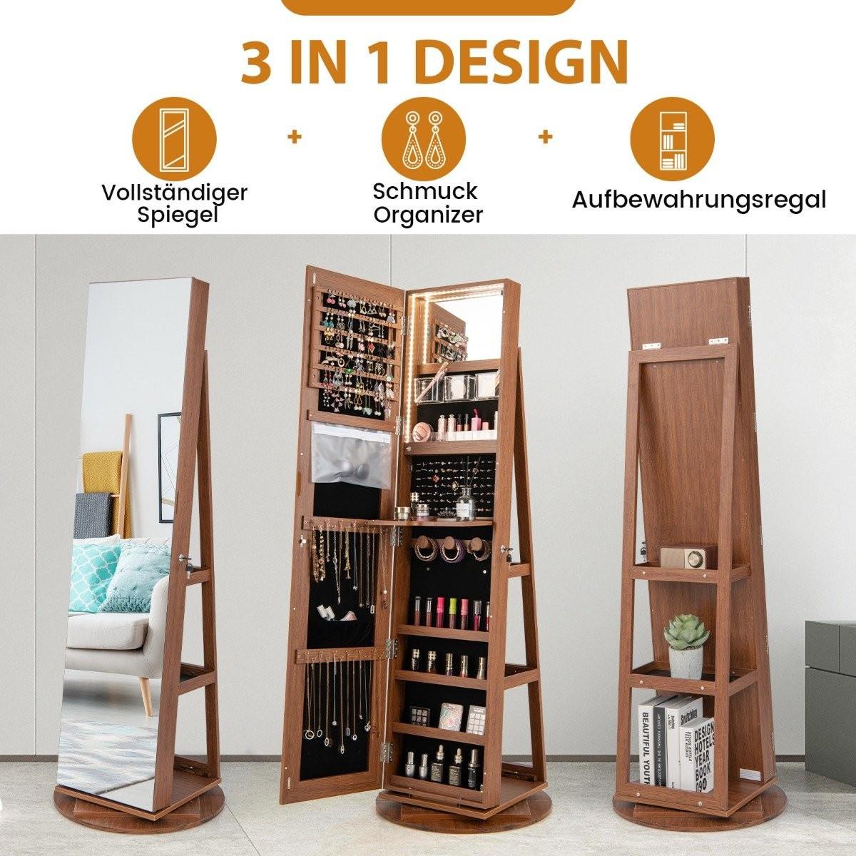 B2X 360° Drehbarer Schmuckschrank mit Dreifarbigen LED-Leuchten Freistehender Spiegelschrank Holz