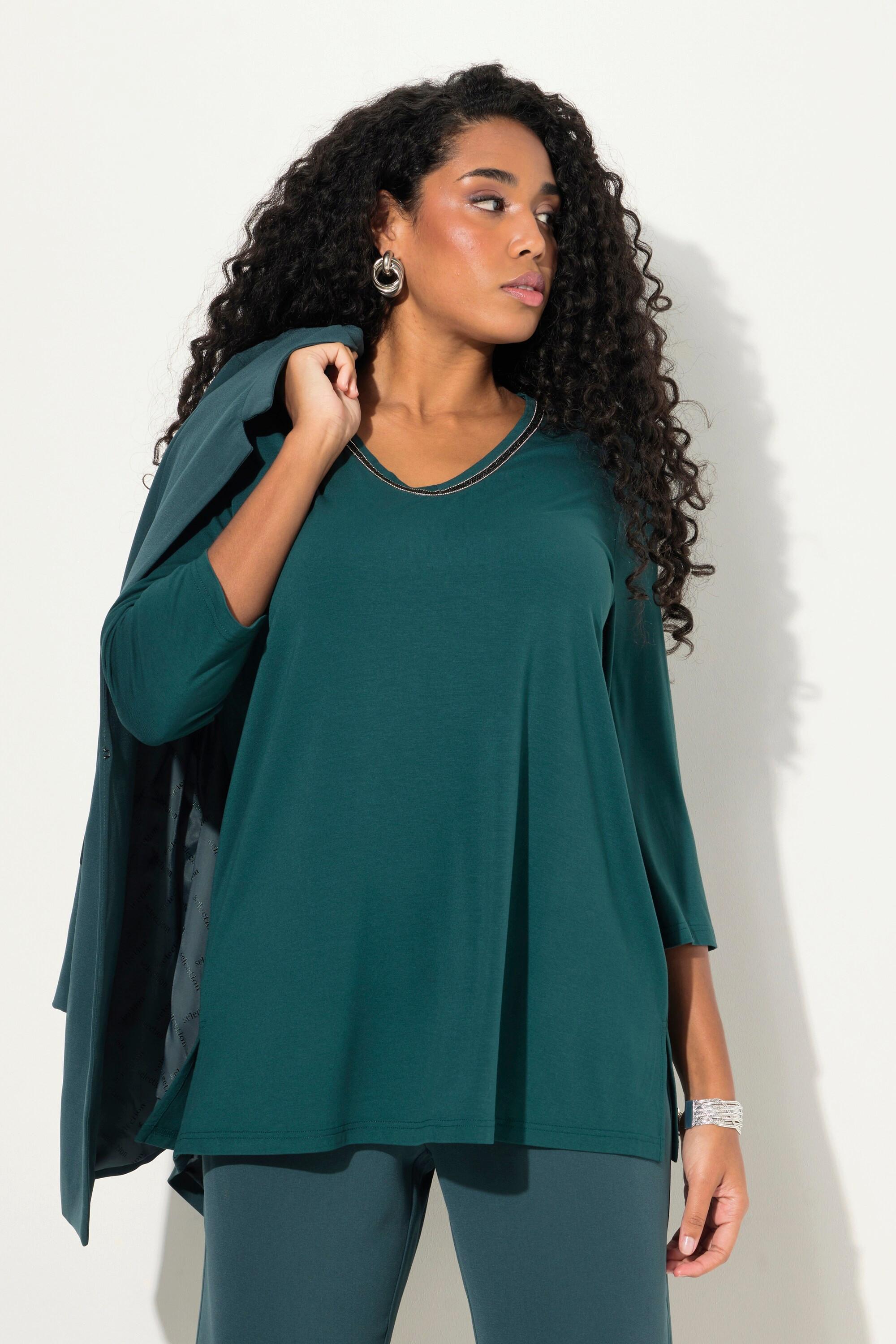 Ulla Popken A-Linie V-Ausschnitt 3/4 Arm Shirt mit Ziersteinen