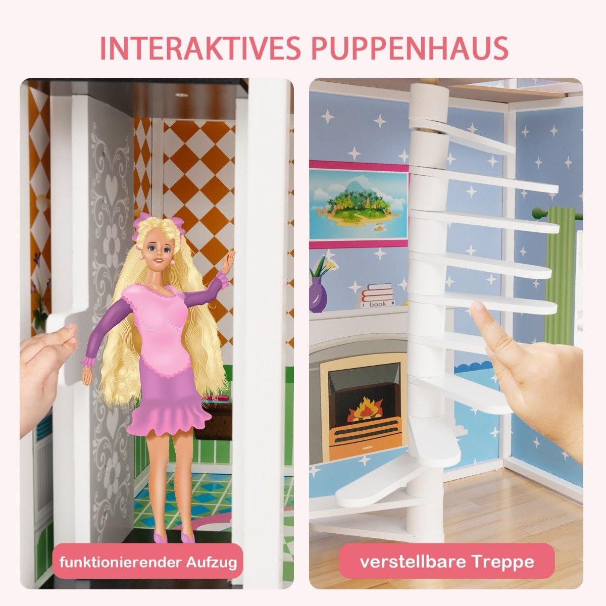 B2X Puppenhaus Holz Puppenstube mit Möbeln & Zubehör 3 stöckiges Dollhouse Spielzeug