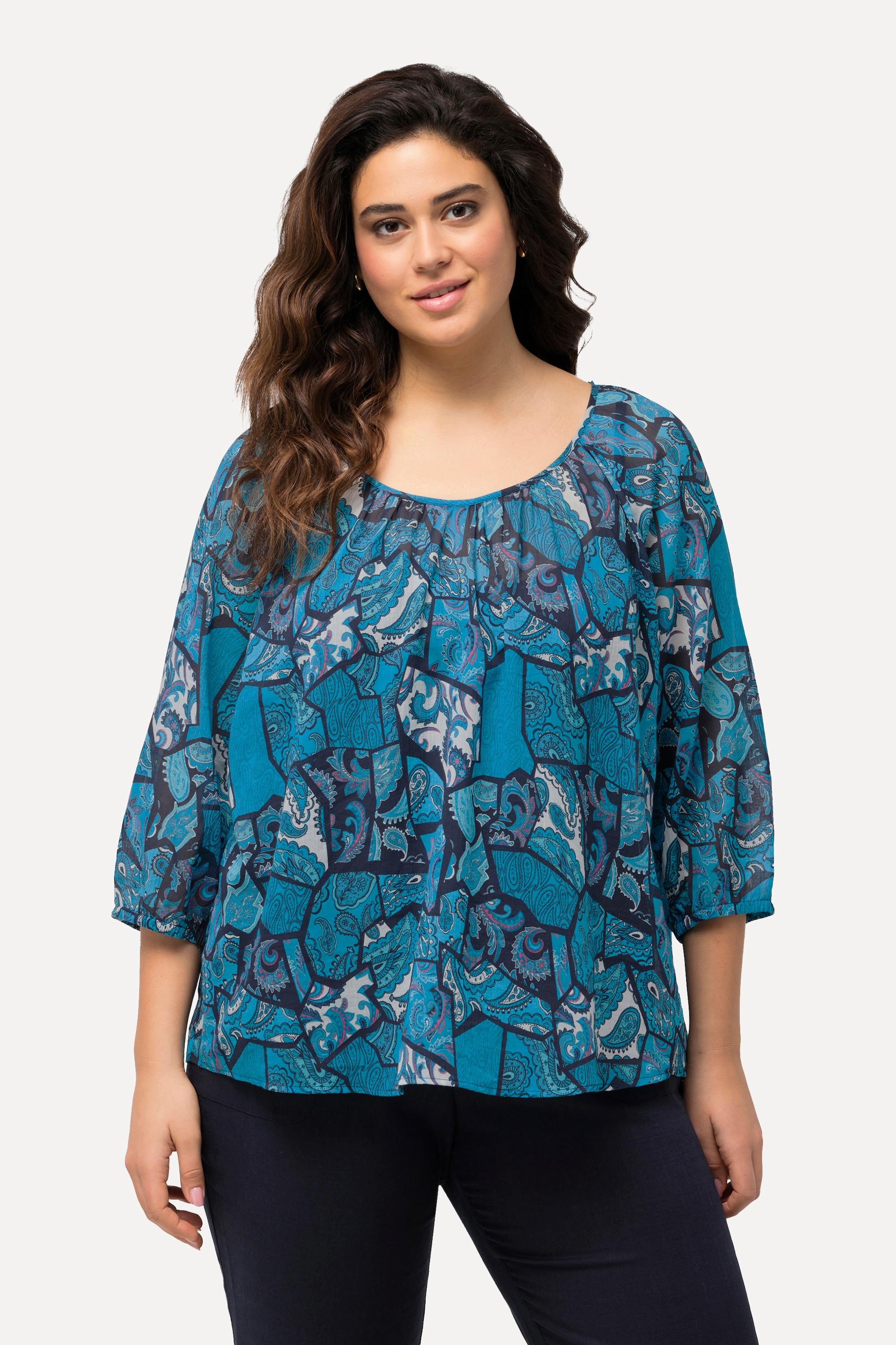 Ulla Popken Bluse Floraler Druck Rundhals Rücken Bindeband