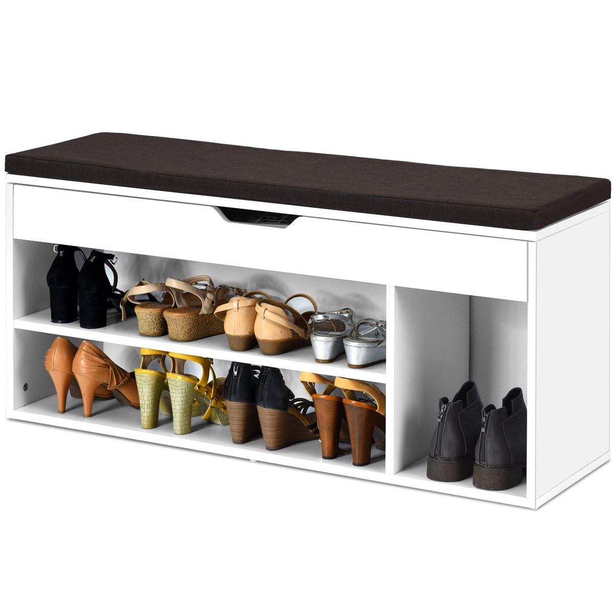 Northix Schuhbank Schuhkommode Schuhablage mit Sitzkissen Holz 104 x 48 x 30 cm Weiß/Natur-Weiß