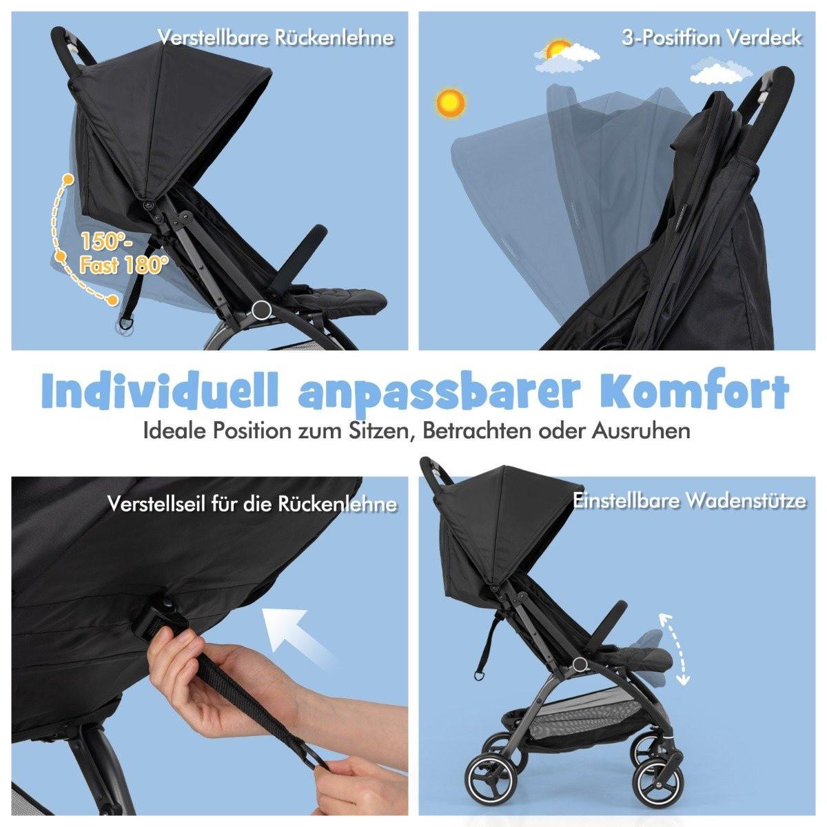Northix Einhändig Klappbare Kinderwagen mit Verstellbarer Rückenlehne & Verdeck Reisebuggy Schwarz