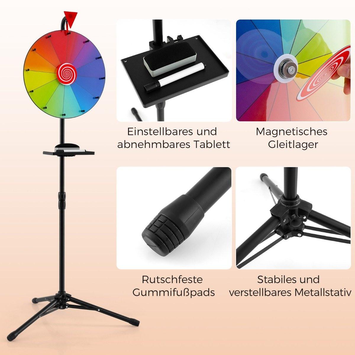 B2X Ø 40 cm Glücksrad mit Dreibein-Bodenständer Höhenverstellbares Preisrad mit Ablage