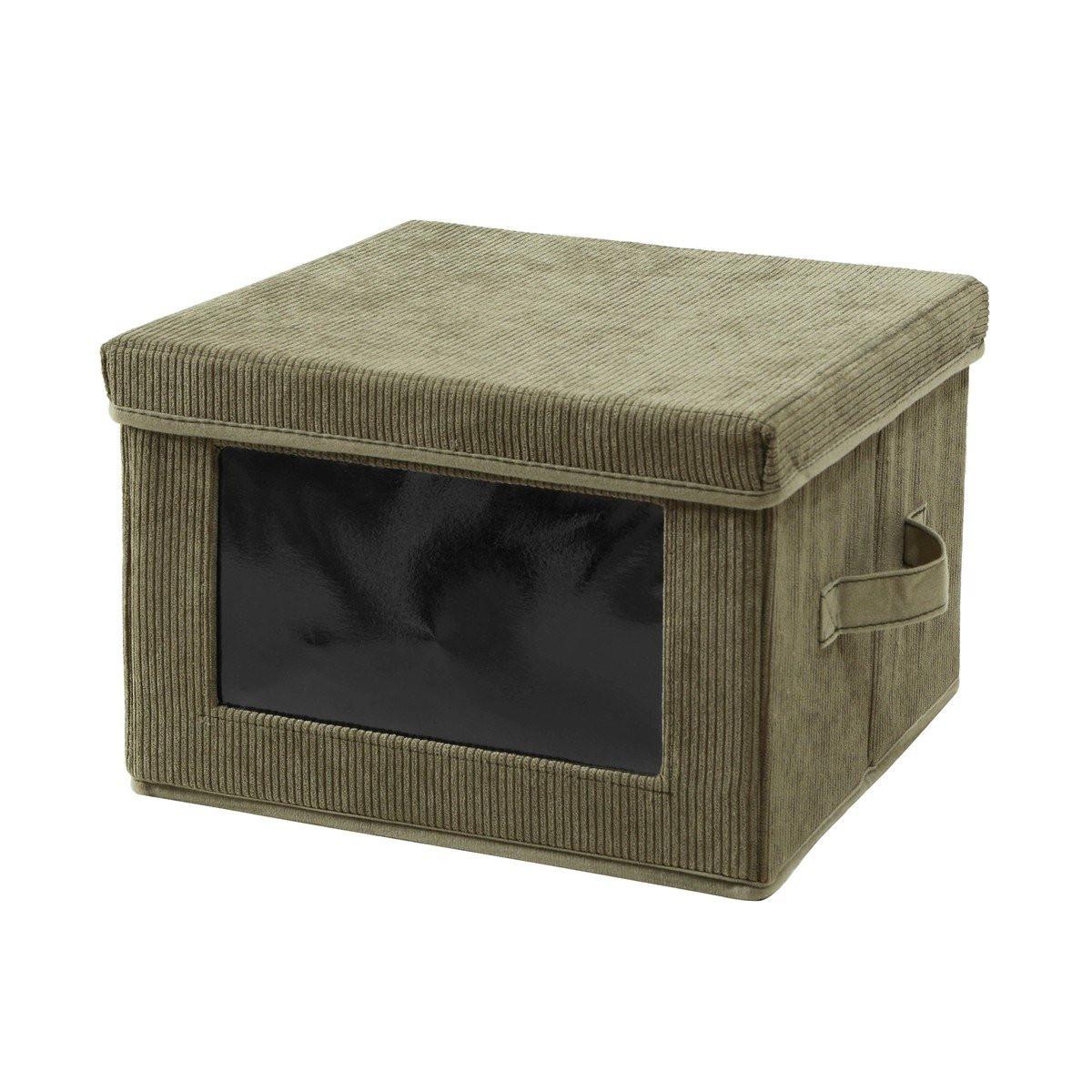 Calicosy Aufbewahrungsbox aus Kordstoff in Khaki mit transparentem Fenster - L40 cm