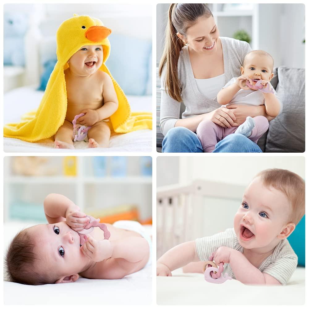 Activity-board Beißring für Babys, Beißring-Spielzeug aus Silikon und Holzringen, Baby-Beißhilfe BPA-frei, schmerzlinderndes Beißzubehör