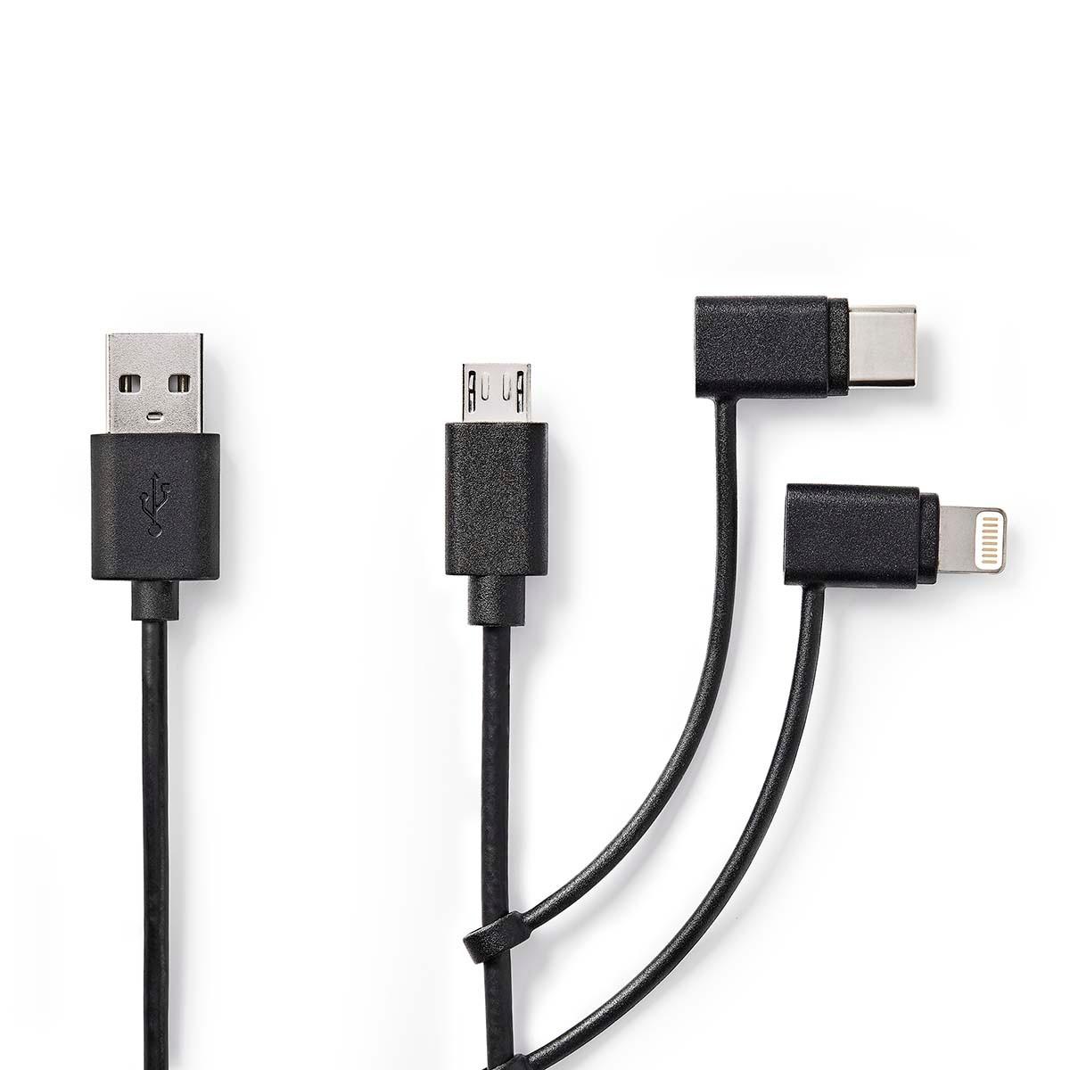 Nedis 3 in 1 Kabel | USB 2.0 | USB-A Stecker | Apple Lightning, 8-polig / USB Micro-B Stecker / USB-C™ Stecker | 480 Mbps | 1,00 m | Vernickelt | Rund | PVC | Schwarz | Etikett