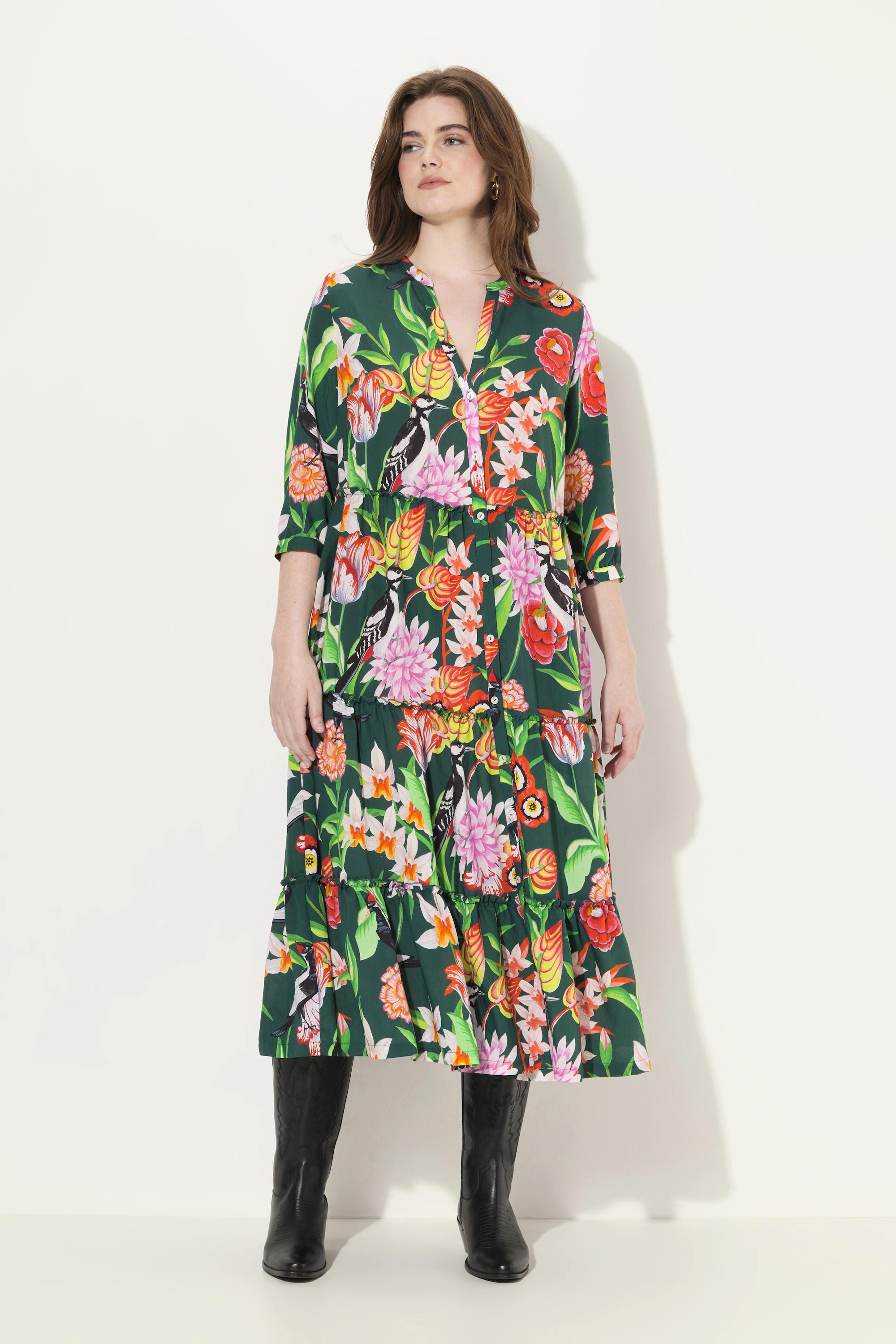Ulla Popken Maxikleid Stehkragen V-Ausschnitt 3/4-Arm Floral