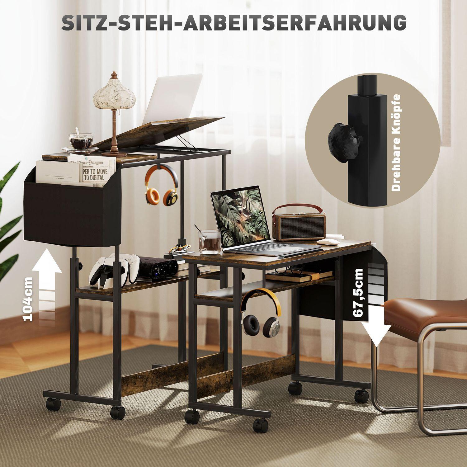 Northio Höhenverstellbar Schreibtisch, 92 x 40 cm, Computertisch mit Rollen, neigbar Plattform, Aufbewahrungstasche, für Arbeitszimmer, Büro, Stahl, Rustikales Braun