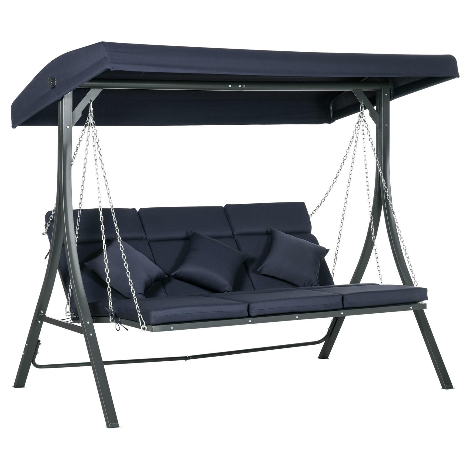 Northio Hollywoodschaukel 3-Sitzer, Schaukelbank Mit Verstellbarem Sonnendach, Gartenschaukel Mit Kissen, Bis 270 Kg Belastbar, Metall, Texteline, Dunkelblau, 198 X 118 X 168 Cm