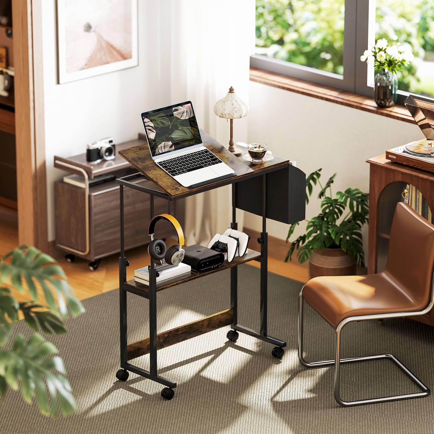 Northio Höhenverstellbar Schreibtisch, 92 x 40 cm, Computertisch mit Rollen, neigbar Plattform, Aufbewahrungstasche, für Arbeitszimmer, Büro, Stahl, Rustikales Braun