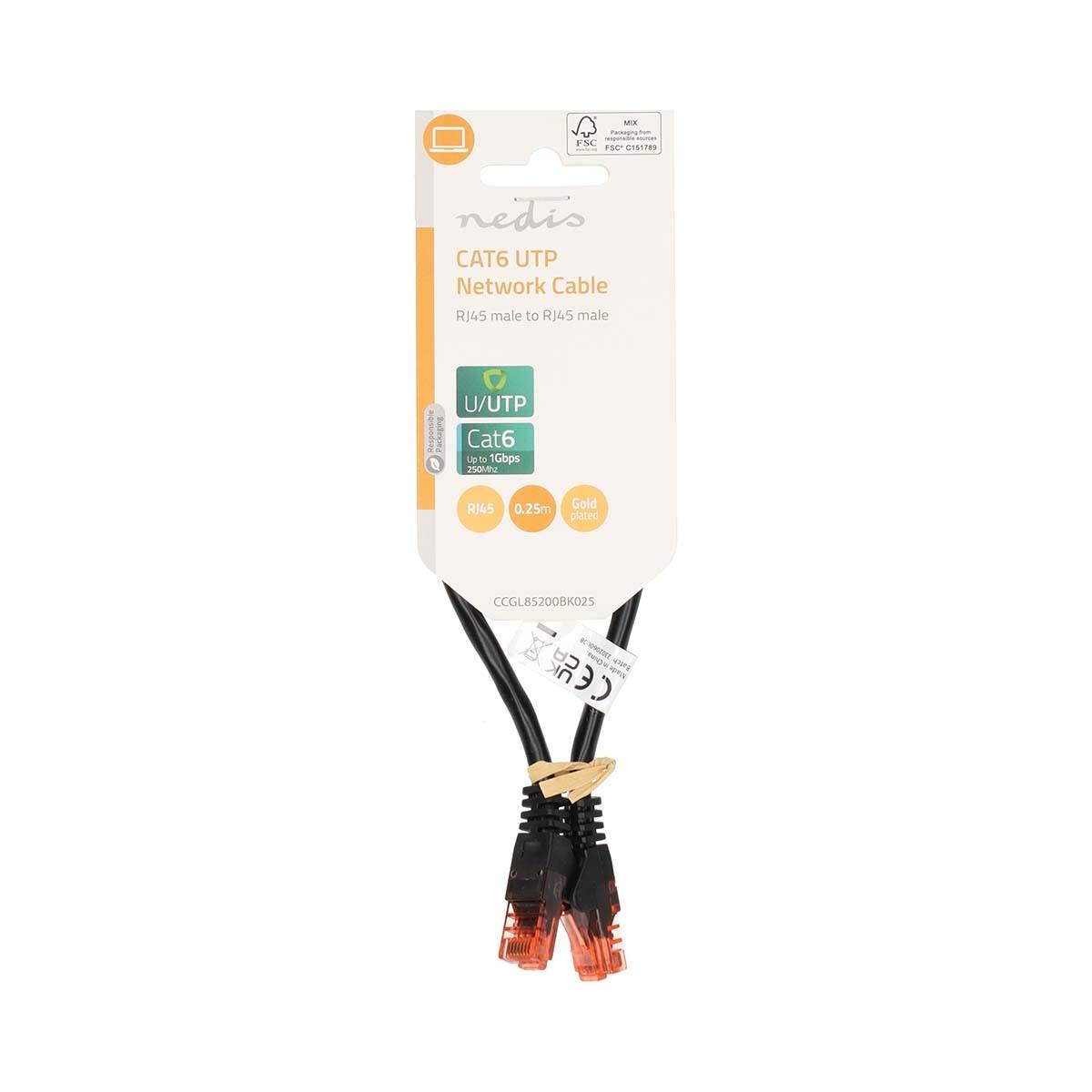 Nedis CAT6 Netzwerkkabel | RJ45 Stecker | RJ45 Stecker | U/UTP | 0,25 m | Rund | PVC | Schwarz | Etikett