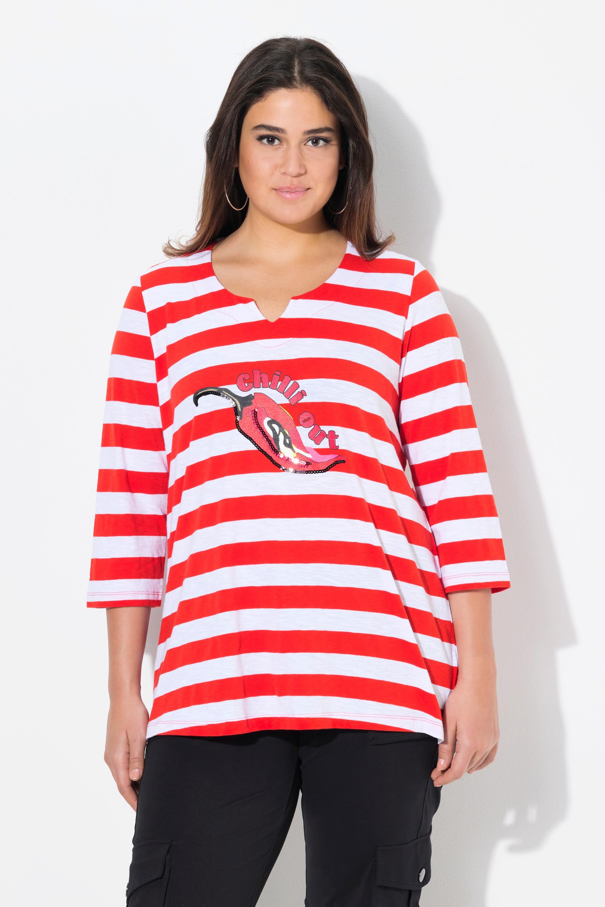 Ulla Popken Ringel verzierte Peperoni Classic V-Ausschnitt 3/4-Arm Shirt