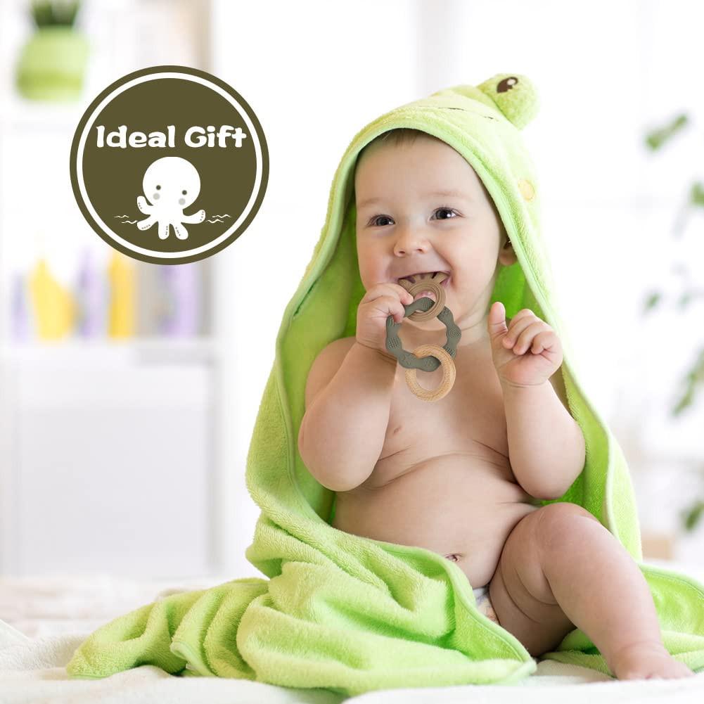 Activity-board Beißring für Babys, Beißring-Spielzeug aus Silikon und Holzringen, Baby-Beißhilfe BPA-frei, schmerzlinderndes Beißzubehör