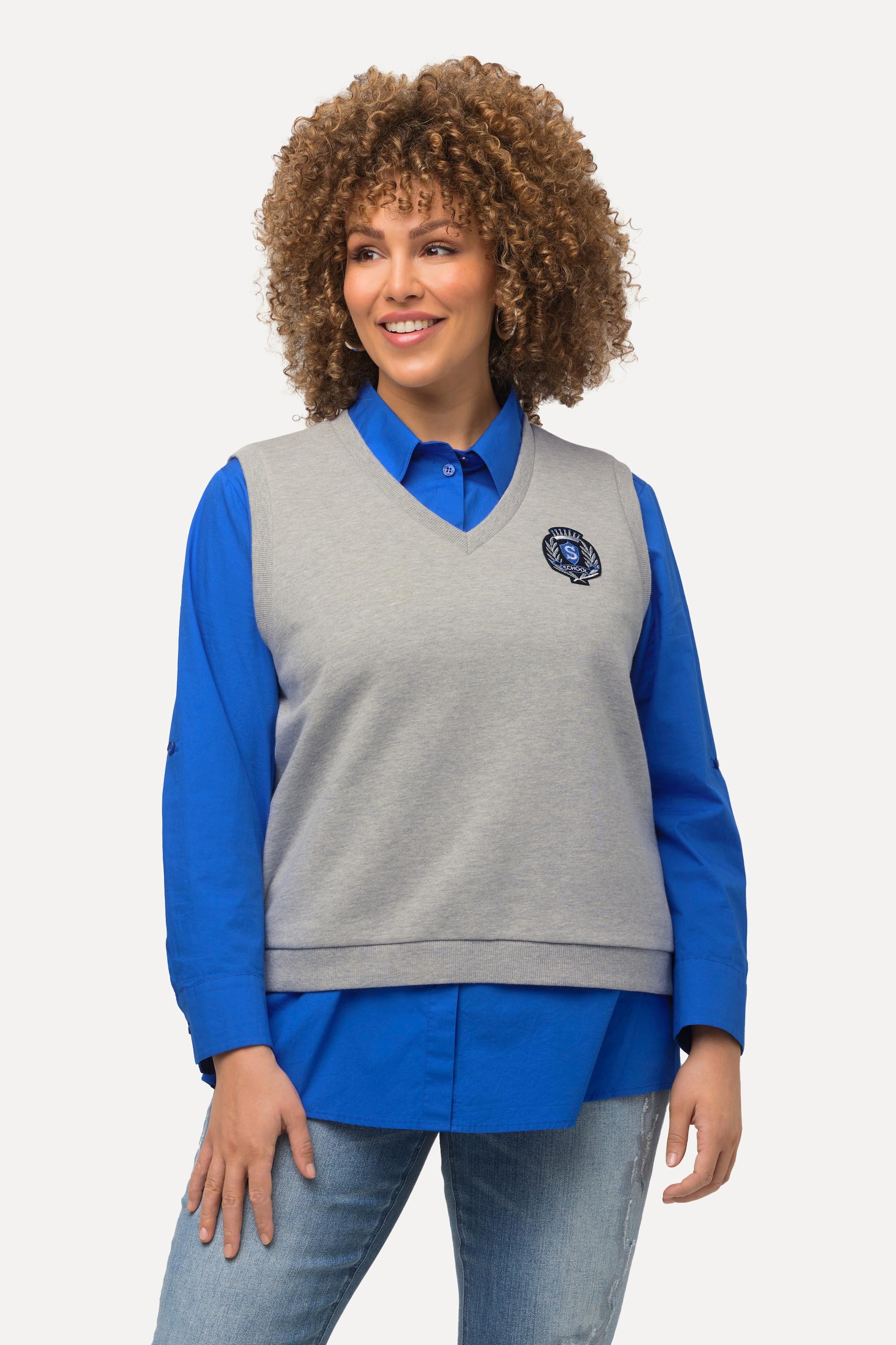 Ulla Popken Sweat-Pullunder, College-Patch, V-Ausschnitt, ärmellos