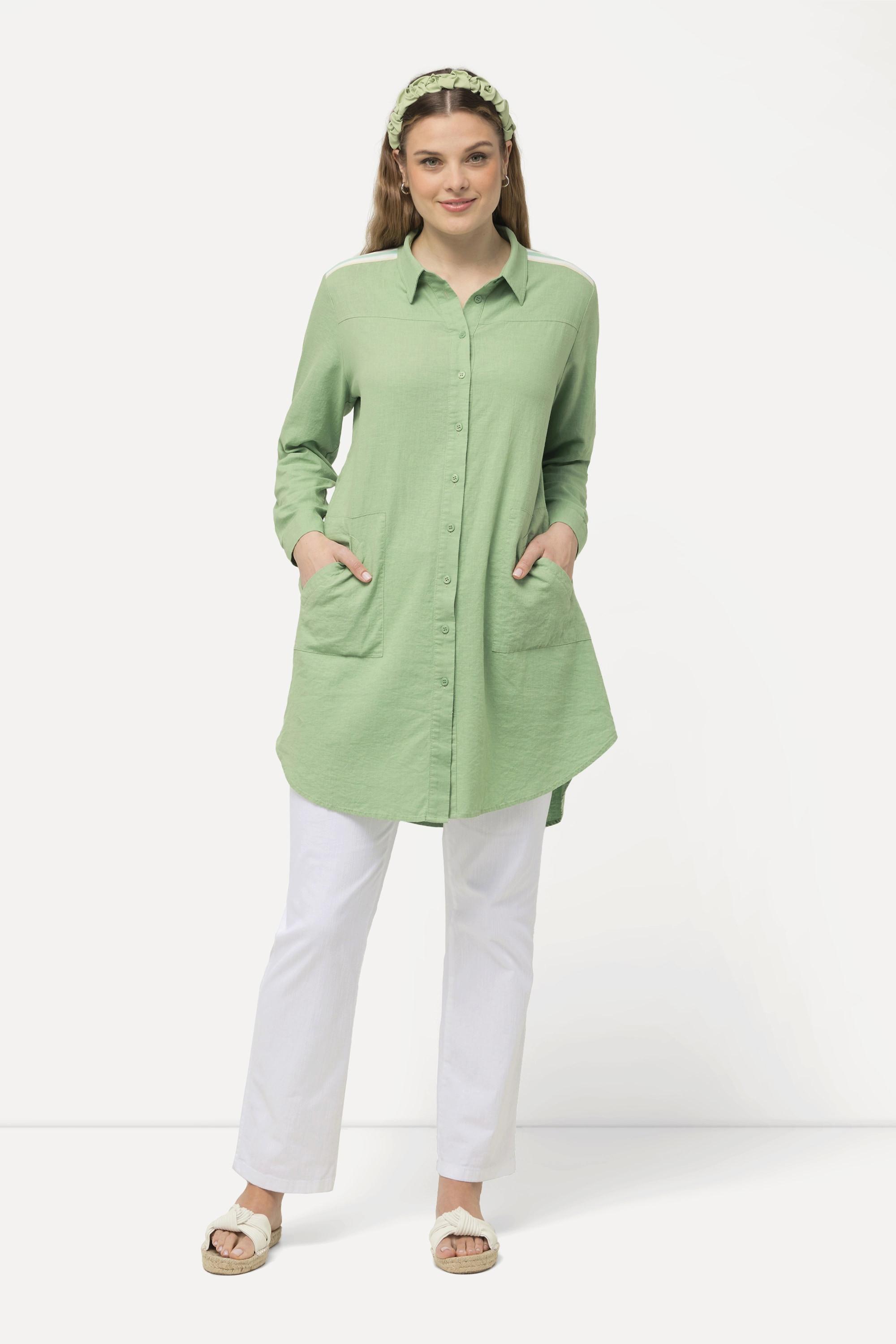 Ulla Popken Longbluse Leinenmix Streifenband Hemdkragen Langarm