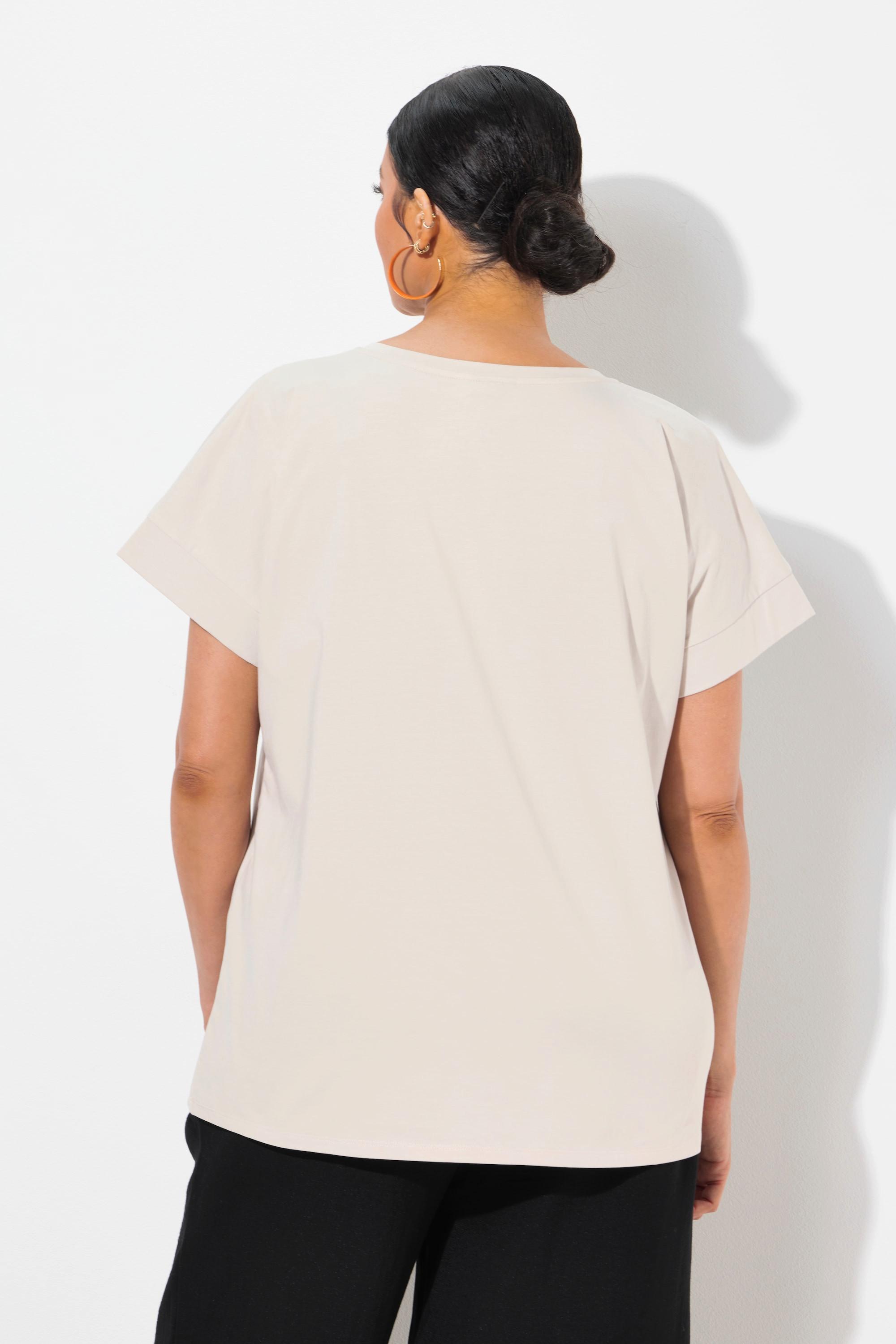 Ulla Popken Oversized Rundhals Halbarm T-Shirt mit Zierstein-Ananas