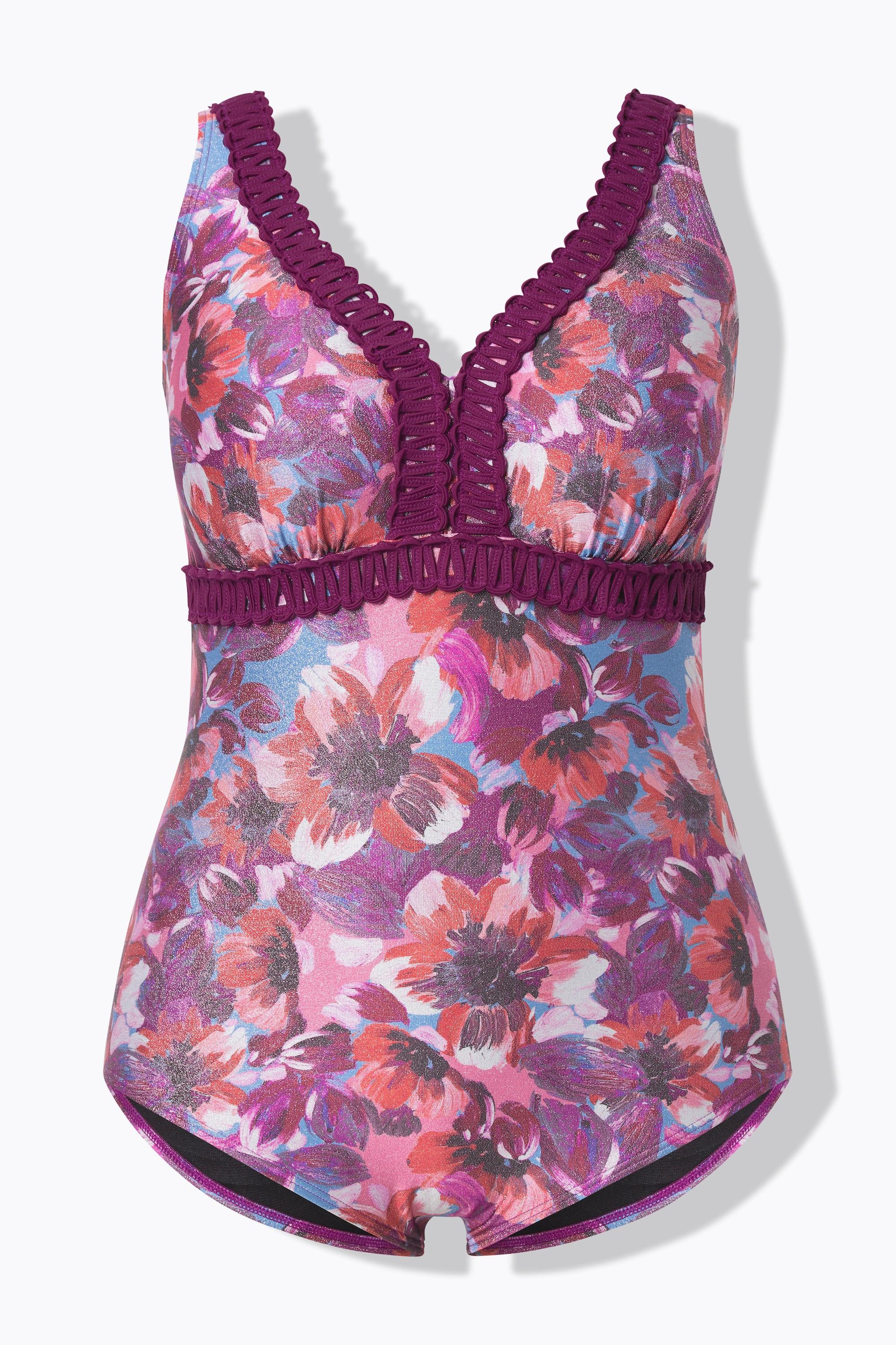 Ulla Popken Badeanzug, Glitzer-Blüten, Softcups, recycelt