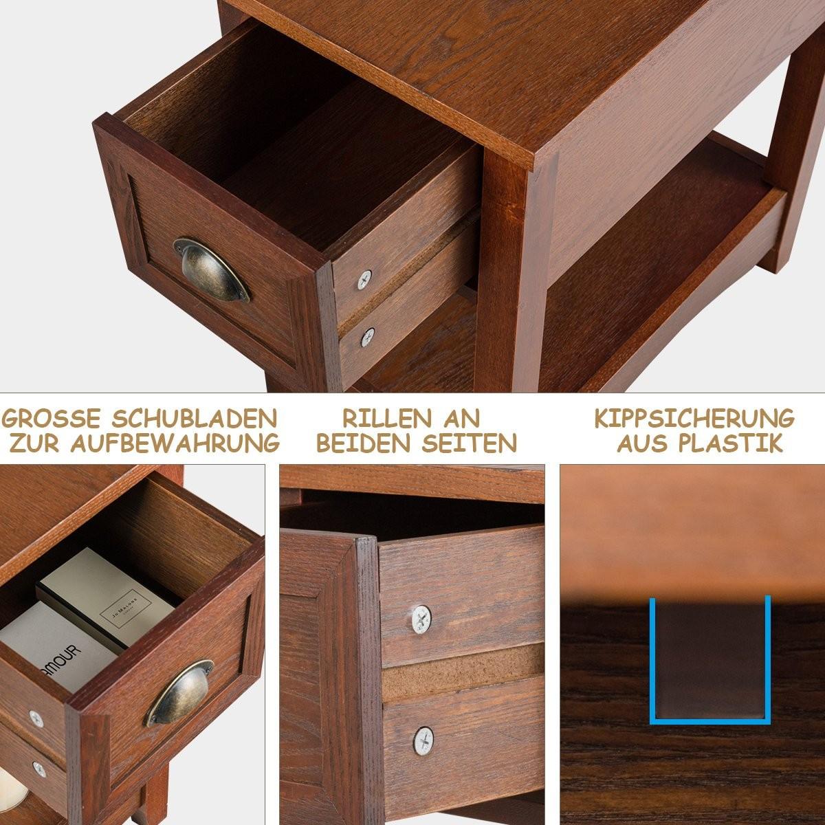 Northix Retro Beistelltisch mit Schublade & Ablage Gummiholzbeine für Wohnzimmer & Schlafzimmer Rotbraun