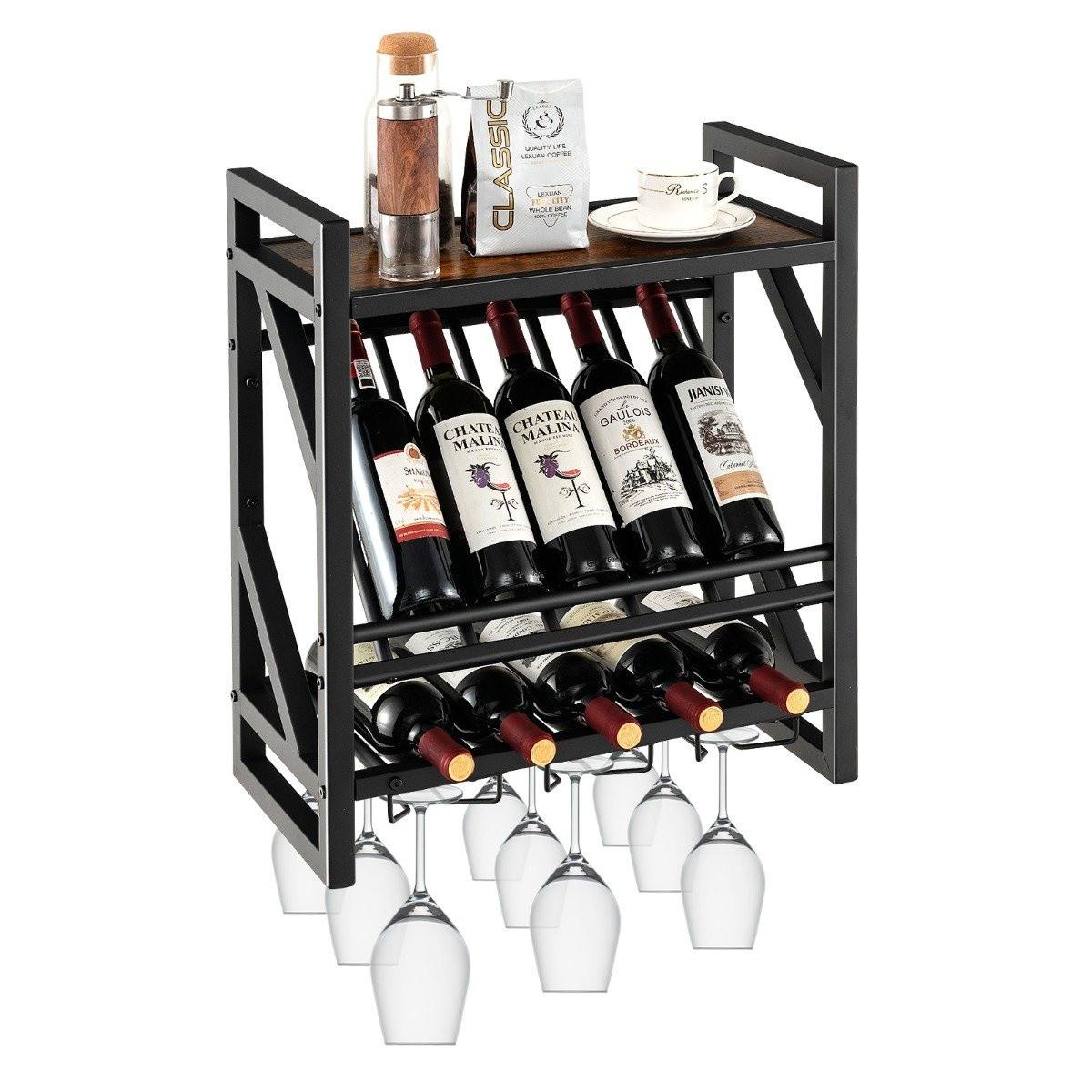 Northio Wandmontierter Weinregal mit 2 Ebenen Weinflaschenregal & 3 Reihen für Weinglashalter platzsparendes Wand Weinregal