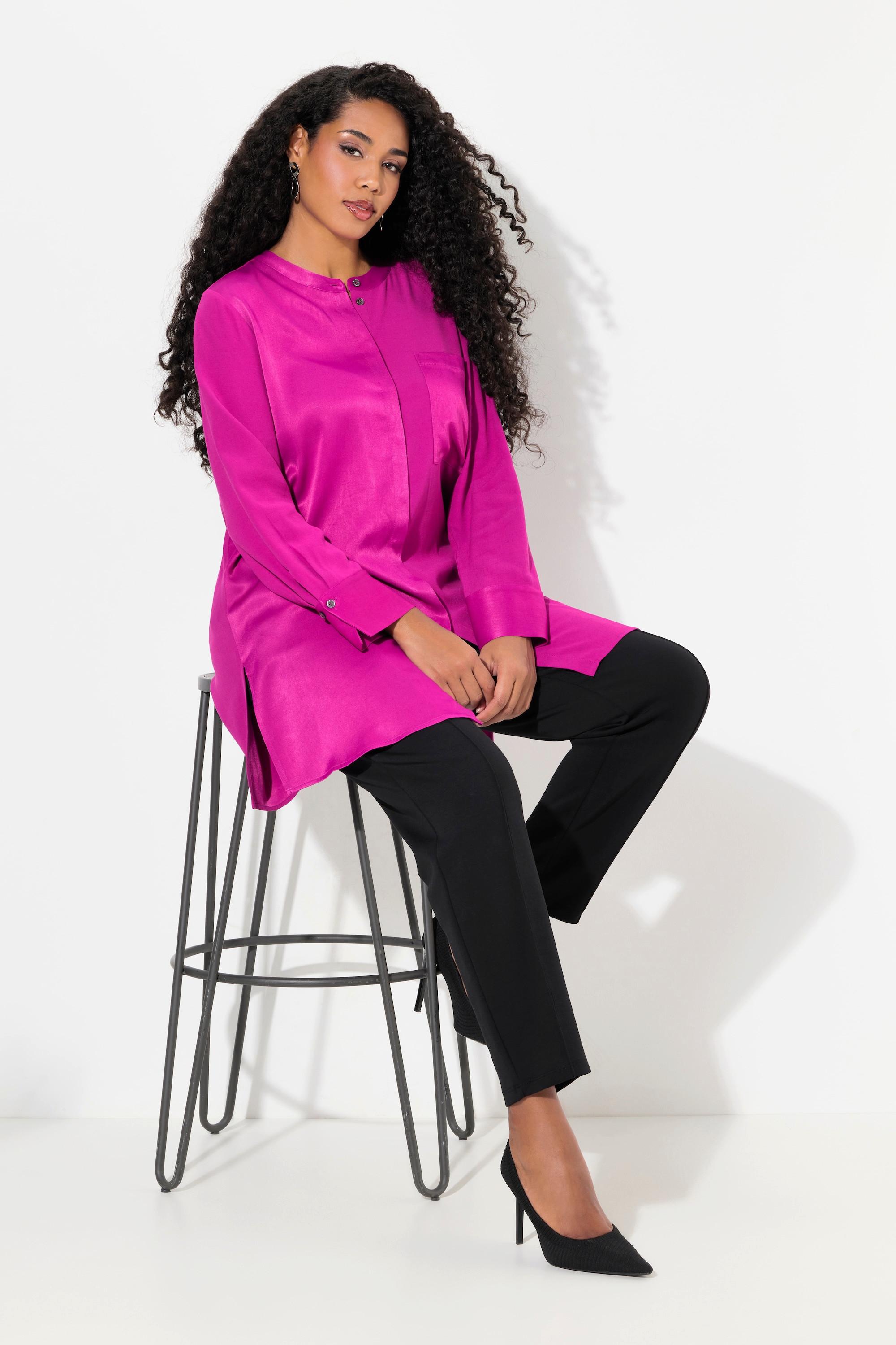 Ulla Popken Satintunika Patchlook Stehkragen Langarm