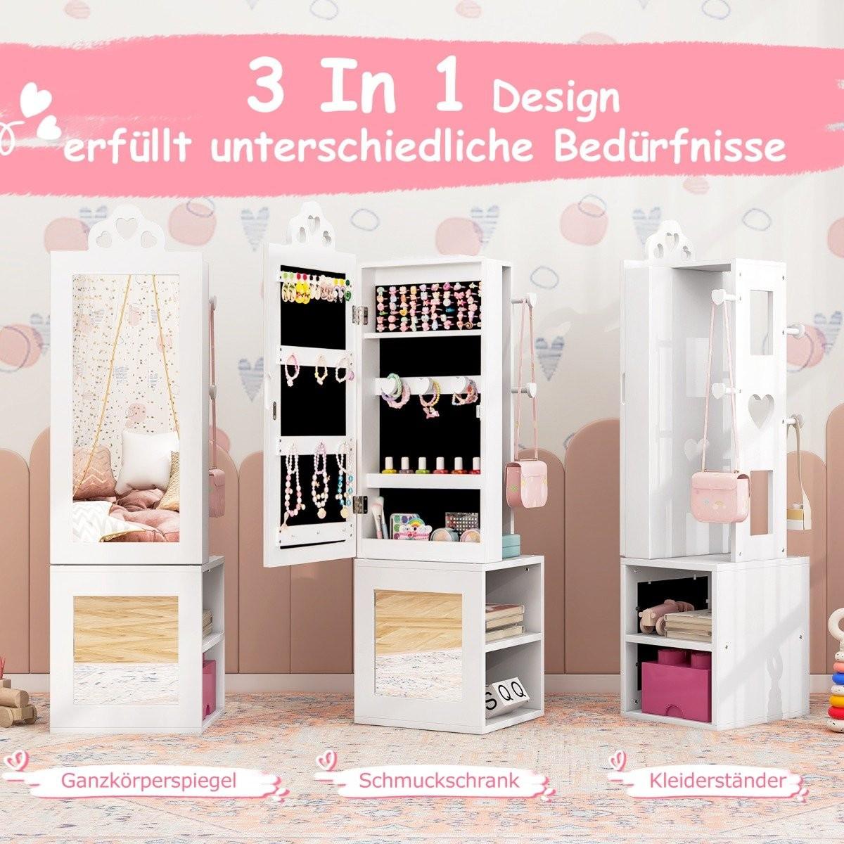 Northix 3 in 1 Spiegelschrank mit Ganzkörperspiegel & Kleiderständer Kinder Schmuckschrank Weiß