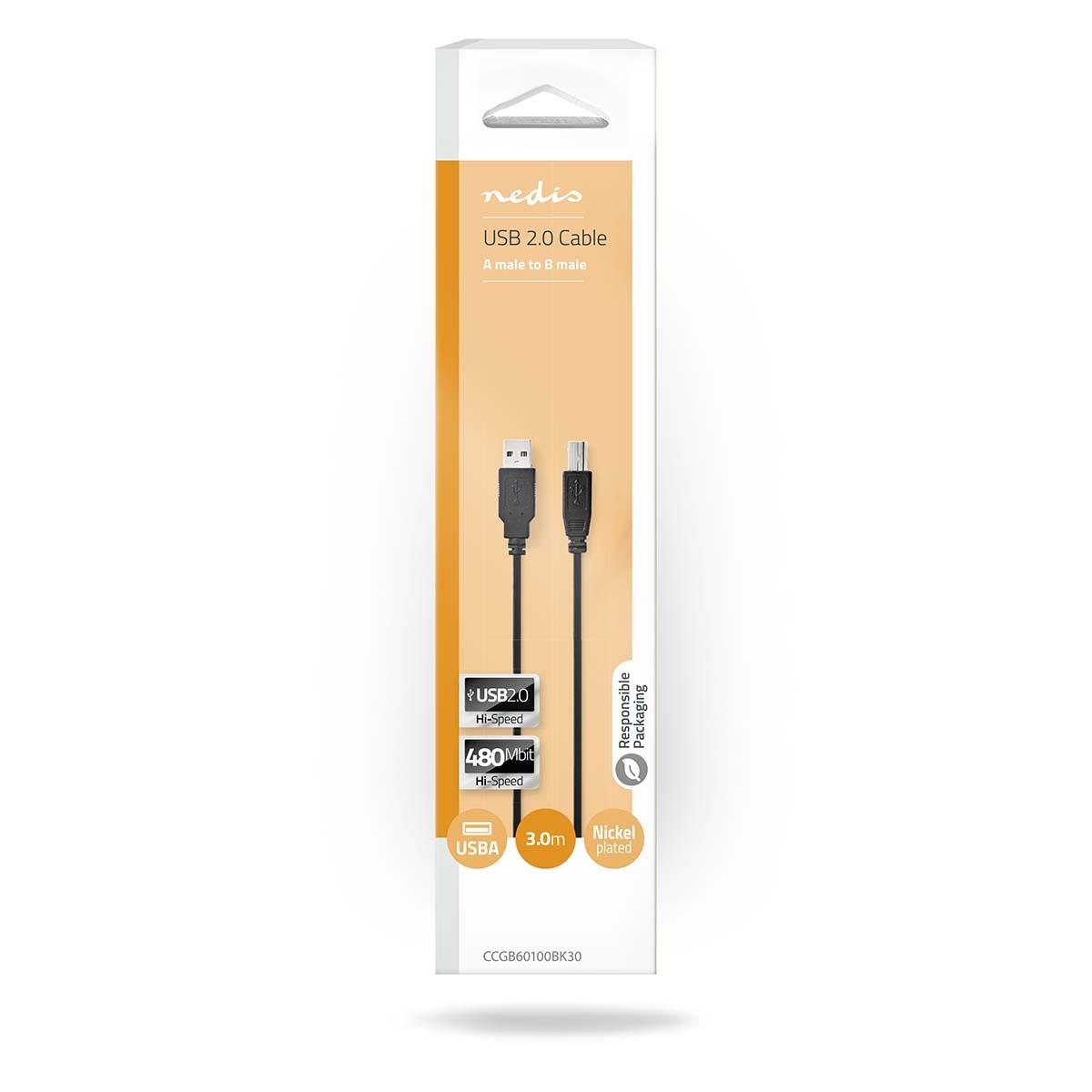Nedis USB-Kabel | USB 2.0 | USB-A Stecker | USB-B Stecker | 480 Mbps | Vernickelt | 3,00 m | Rund | PVC | Schwarz | Box