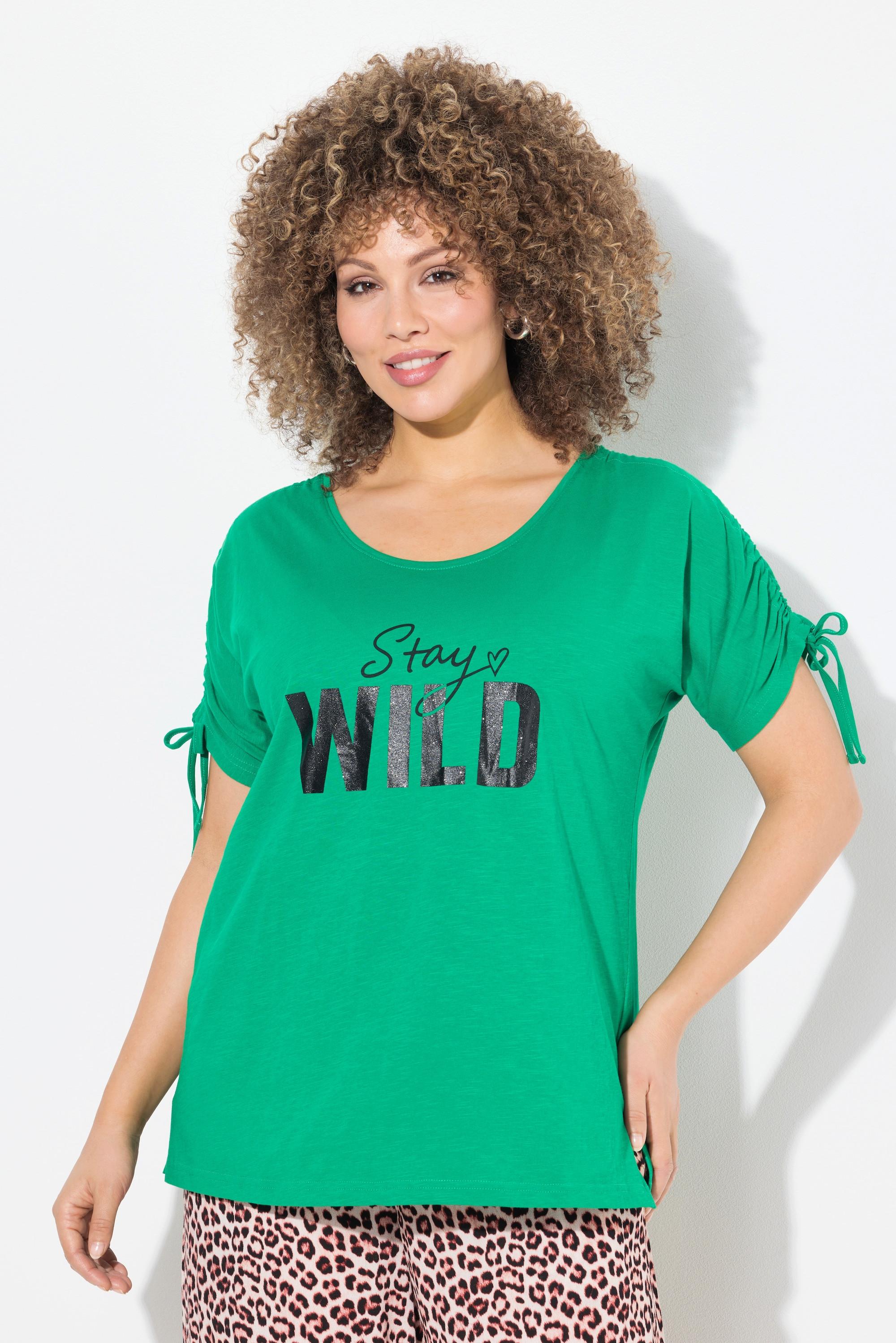 Ulla Popken Oversized Rundhals T-Shirt mit Schriftzug und Raffband