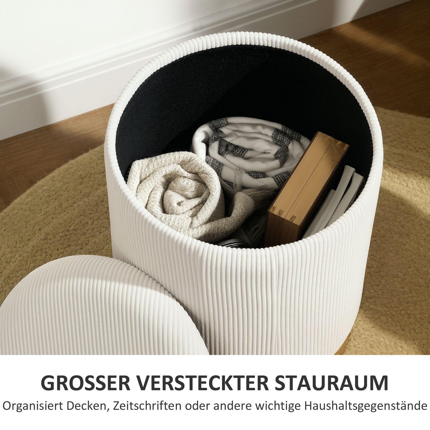 Northio Sitzhocker mit Stauraum Hocker mit Deckel, Stahlboden, Runder Fußhocker Polsterhocker mit Fußpads, Kordoptik 36 x 36 x 44 cm Cremeweiß |