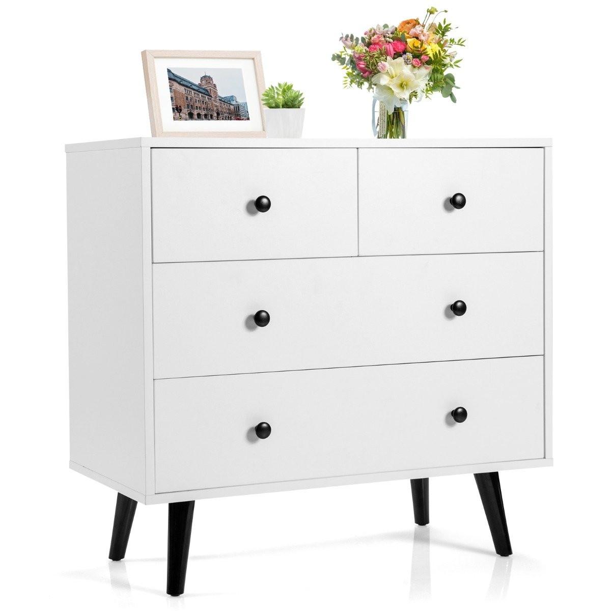 Northix Kommode mit 4 Schubladen Sideboard aus Holz Modern Aufbewahrungsschrank Weiß