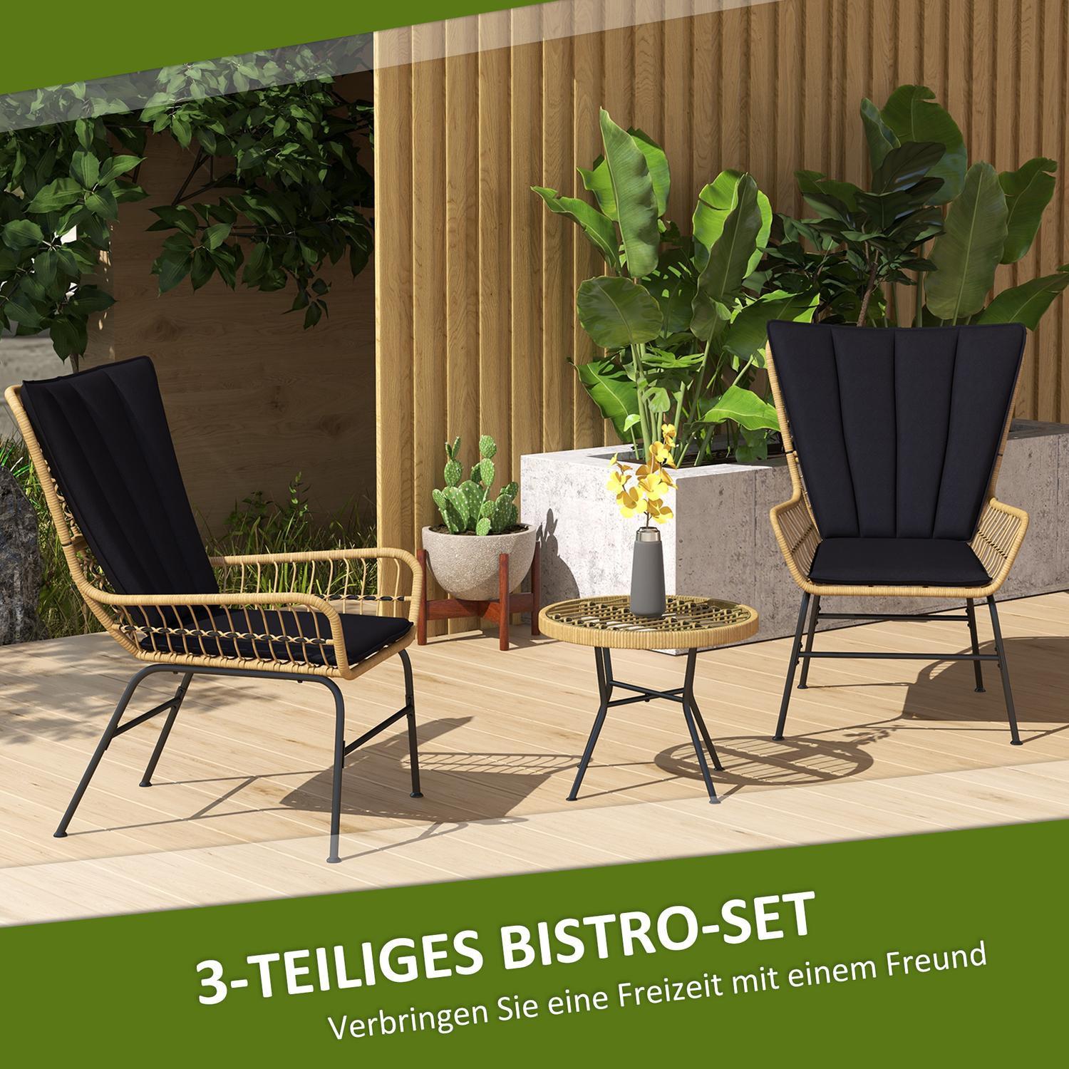 Northio 3-teilige Rattan-Sitzgruppe Gartengarnitur Gartenmöbel-Set mit 2 Stühlen & Beistelltisch Hartglasplatte und Kissen